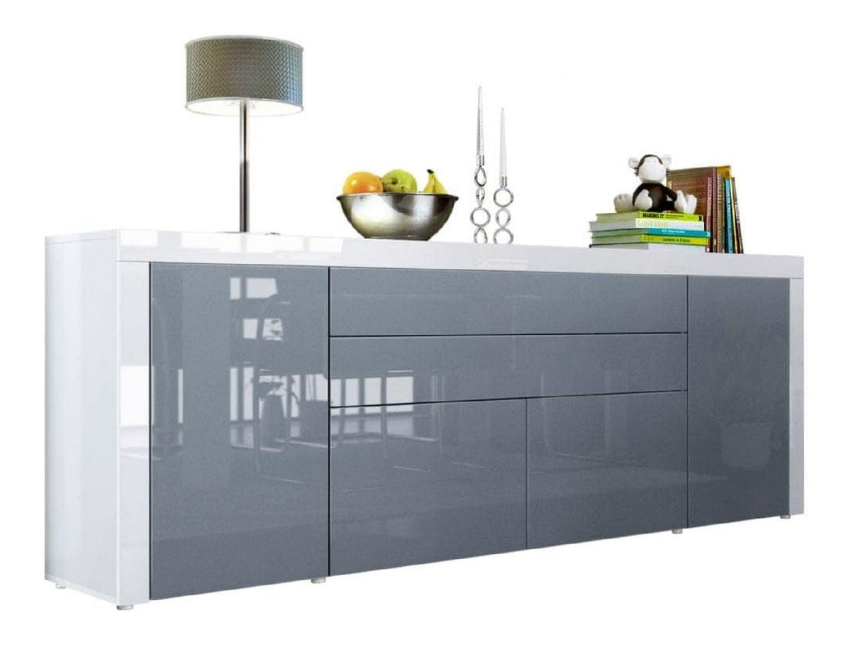 Sideboard La Paz V2, Made in Germany, Kommode mit 2 Turen, 2 Schubkasten und 2 Klappen, Wei Hochglanz/Grau Hochglanz/Wei Hochglanz (200 x 72 x 35 cm)