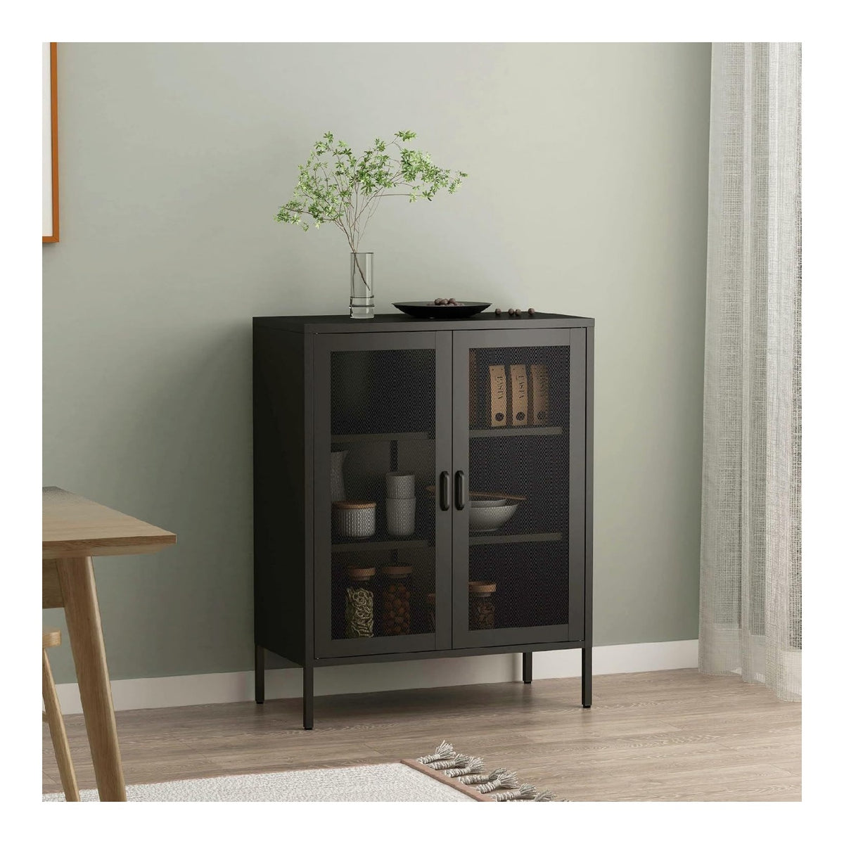 Sideboard Falkoping Kommode Vitrinenschrank Wohnzimmerschrank Bucherregal Beistellschrank Standschrank aus Stahl mit 2 Gitterturen 101,5x80x40cm Schwarz