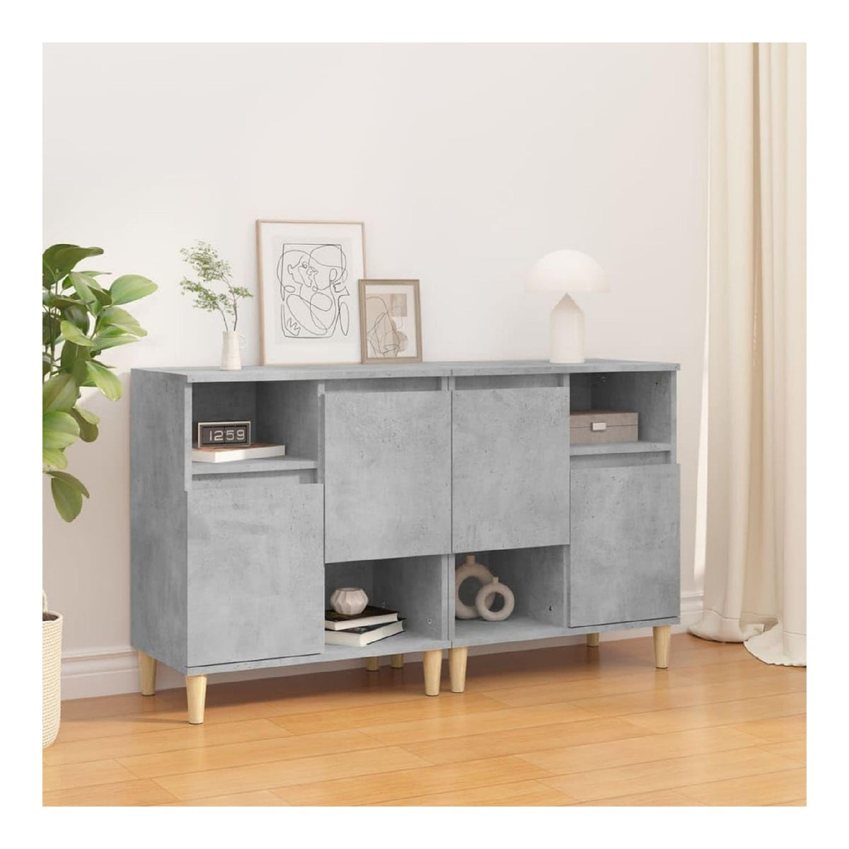 Sideboards 2 STK Betongrau Holzwerkstoff mit 4 Fachern 60x35x70 cm, Eukalyptus Massivholzbeine, Stauraum Sideboard Buffet Cabinet fur Wohnzimmer und Esszimmer