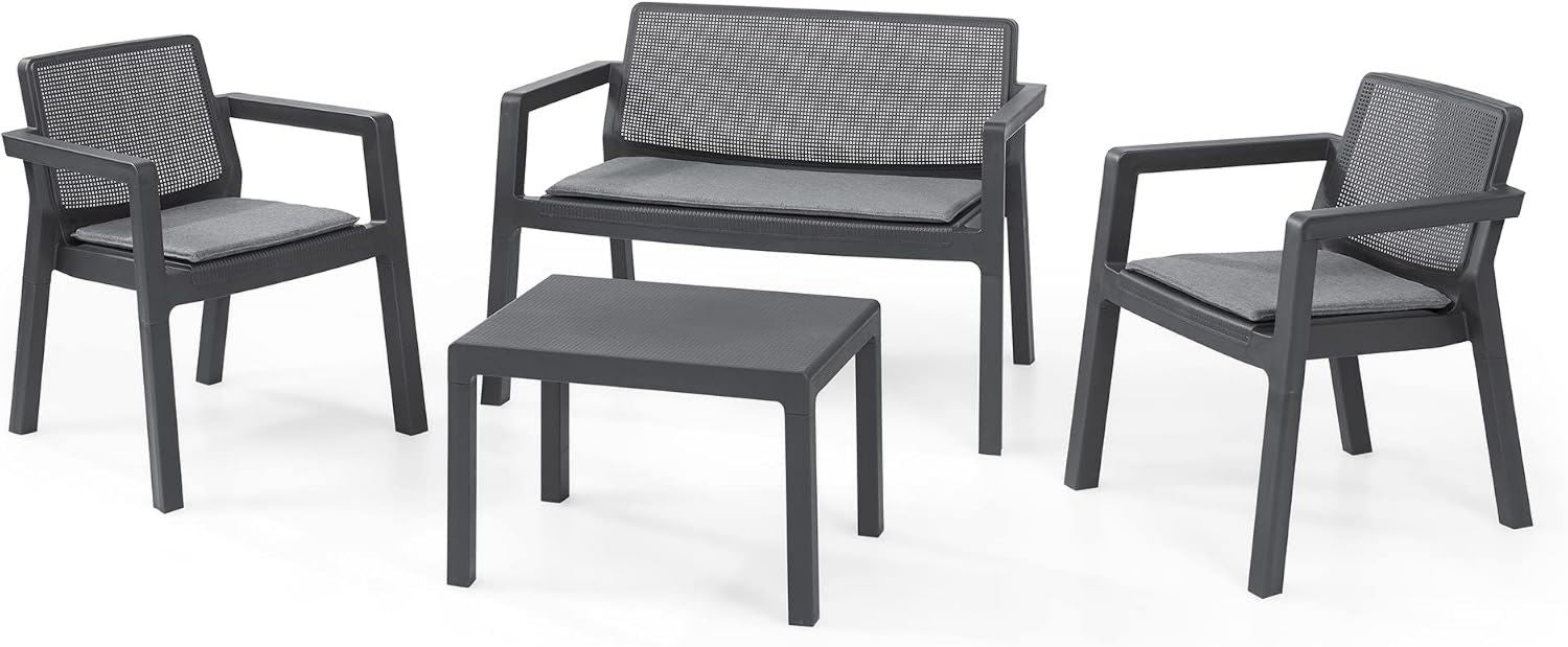 Hochwertige Keter Emily Lounge Set Gartenmoebel glatte Oberflaeche ausgestattet mit 2 Sitzer Sofa 2 Stuehle und graphit Variante 442