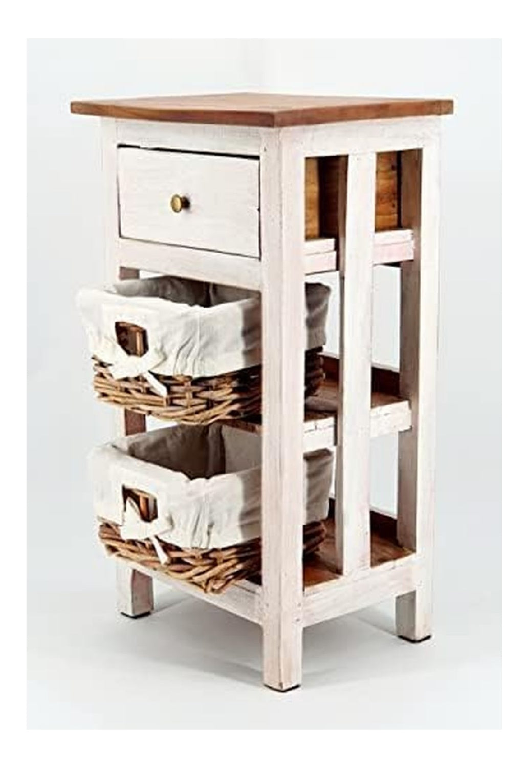 Oberle Kommode Regal mit 2 Korbschubladen + Einer Schublade 70x28x38cm Shabby-Look Vintage-White