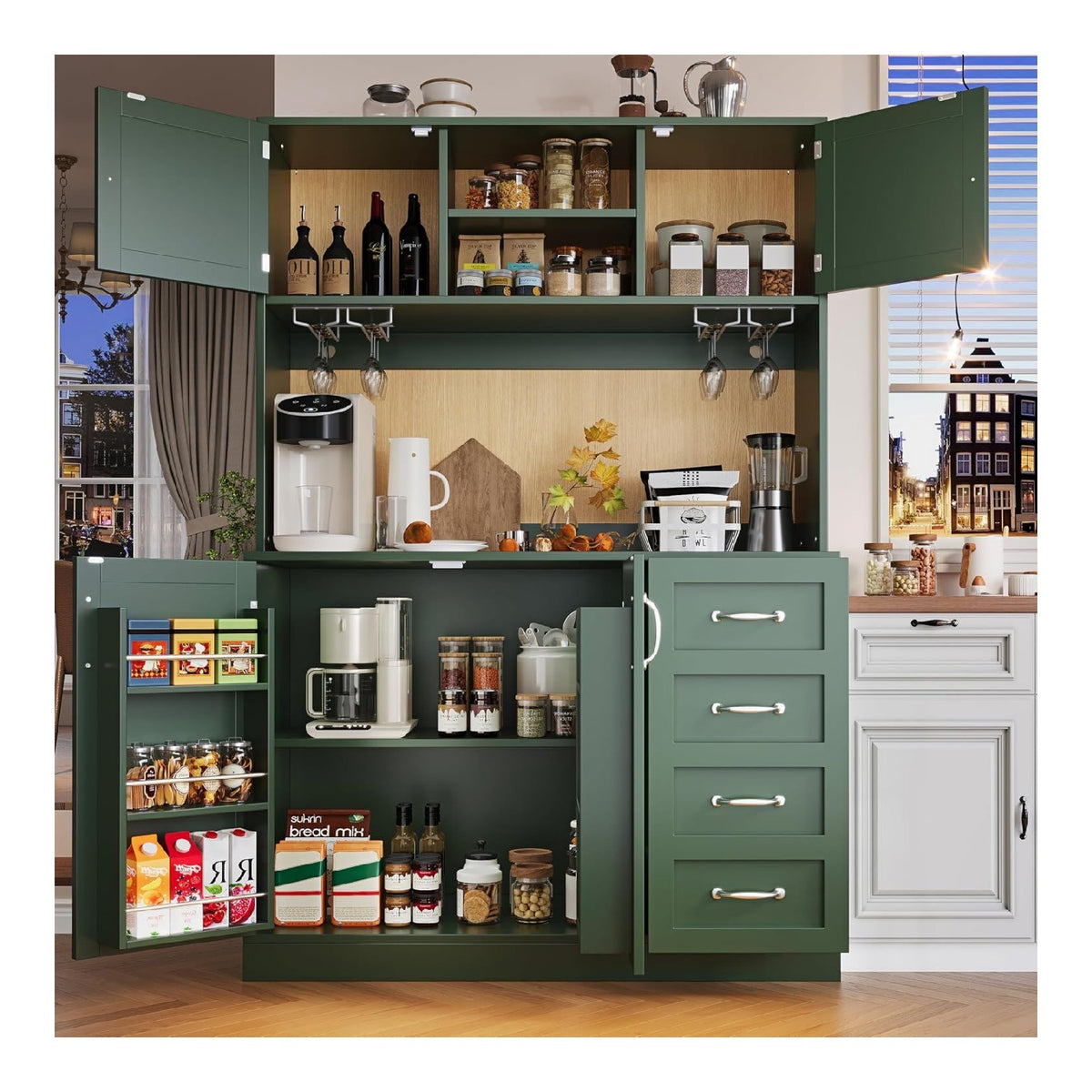 Kuchenschrank,Aufbewahrungsschrank mit LED Beleuchtung und Schubladen,Seitenboard,Hochschrank mit Snackregal und Getrankehaltern,Geeignet fur Wohnzimmer oder Kuch,Grun