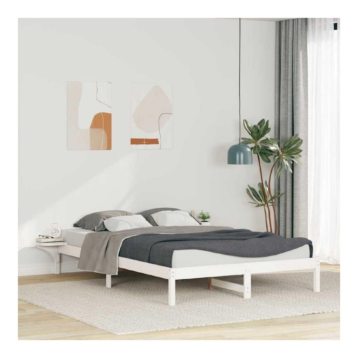 Bettgestell mit Nachttischen Wei , 140x220 cm Kiefernholz, modernes Plattformbett fur 2 Personen, stabile Schlafzimmermobel, langlebig, einfache Pflege