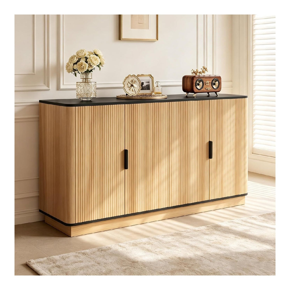 Sideboard 4 Turen mit vertikaler Riffelung,Kuchenschrank,139 x 40 x 75 cm, Schrank in Holzoptik mit Stauraum, Anrichte fur Wohnzimmer, Flur und Esszimmer, Natur