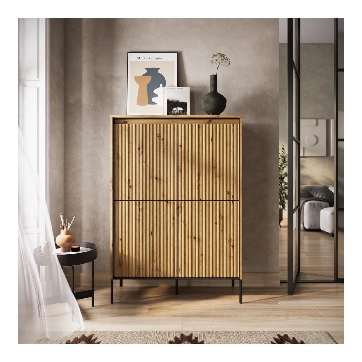 Kommode Trend TR-03 Highboard 98x40x140 cm, Wei Artisan Eiche Beige Grau, Laminatplatte/MDF, 4 Turen, Griffloses Push Top Open System, Soft Close Scharniere, Metallfu e