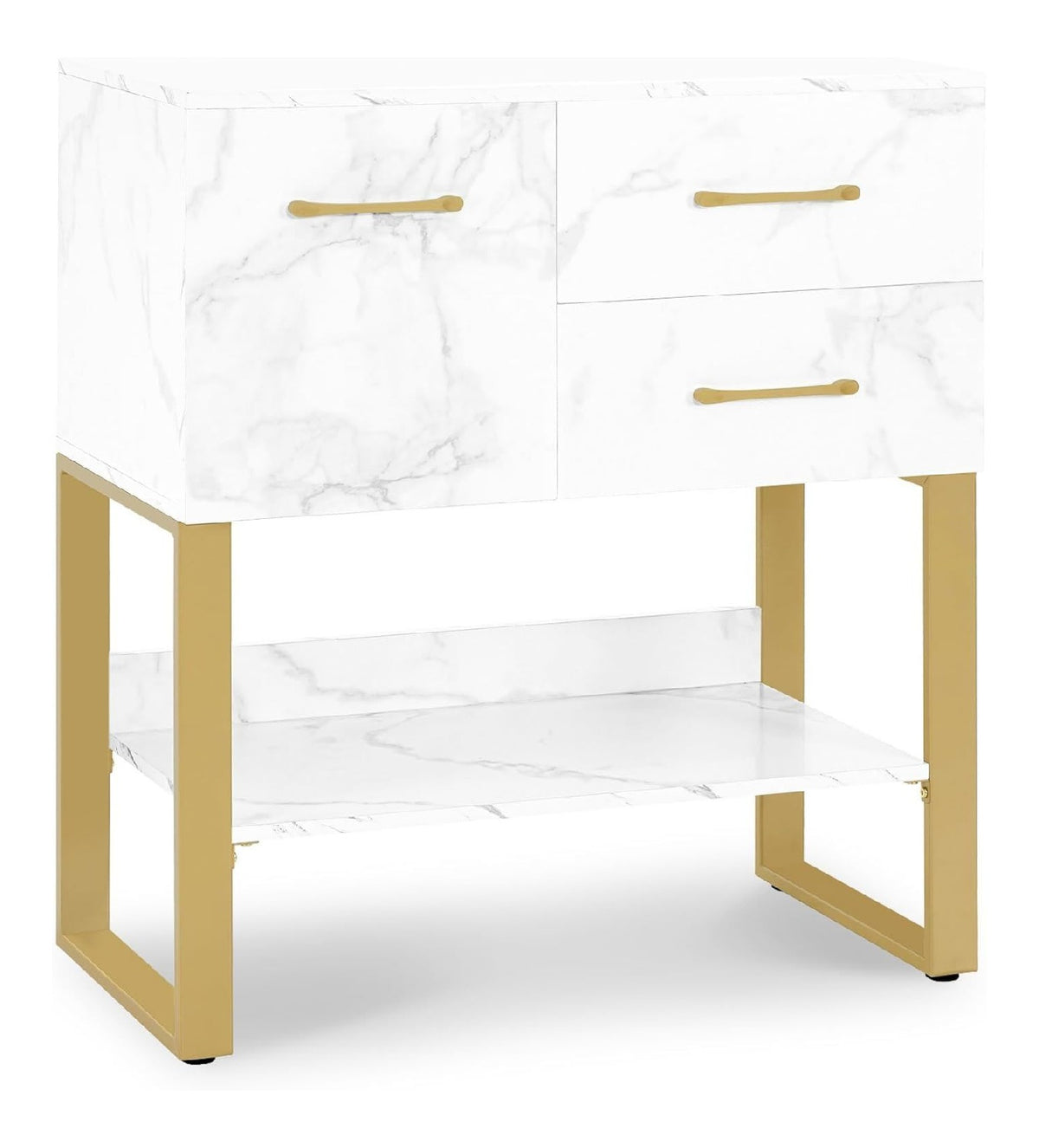 BarberPub Sideboard mit 2 Schubladen, Badezimmerschrank mit Schrank & Offener Ablage, Kommode Metallgestell, Beistellschrank fur Friseursalon, Aufbewahrungsschrank Marmor-Wei Gold, 40x80x90,5cm, 6678