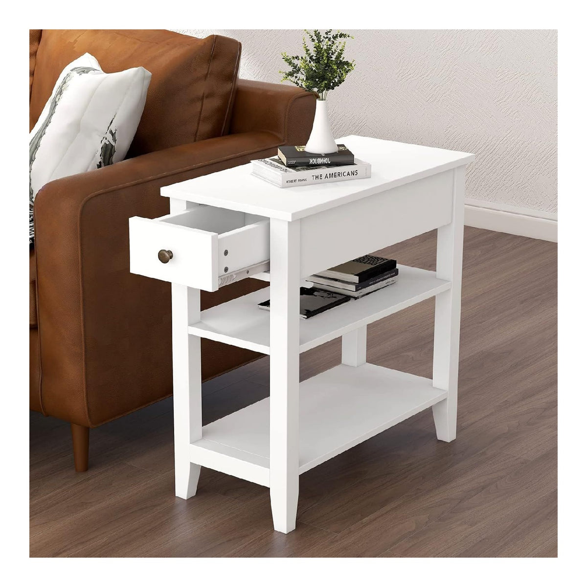 ChooChoo Beistelltisch Wohnzimmer, schmaler Beistelltisch mit Schublade und Regal, 3-stockiger Sofabeistelltisch fur kleinen Raum, Wei