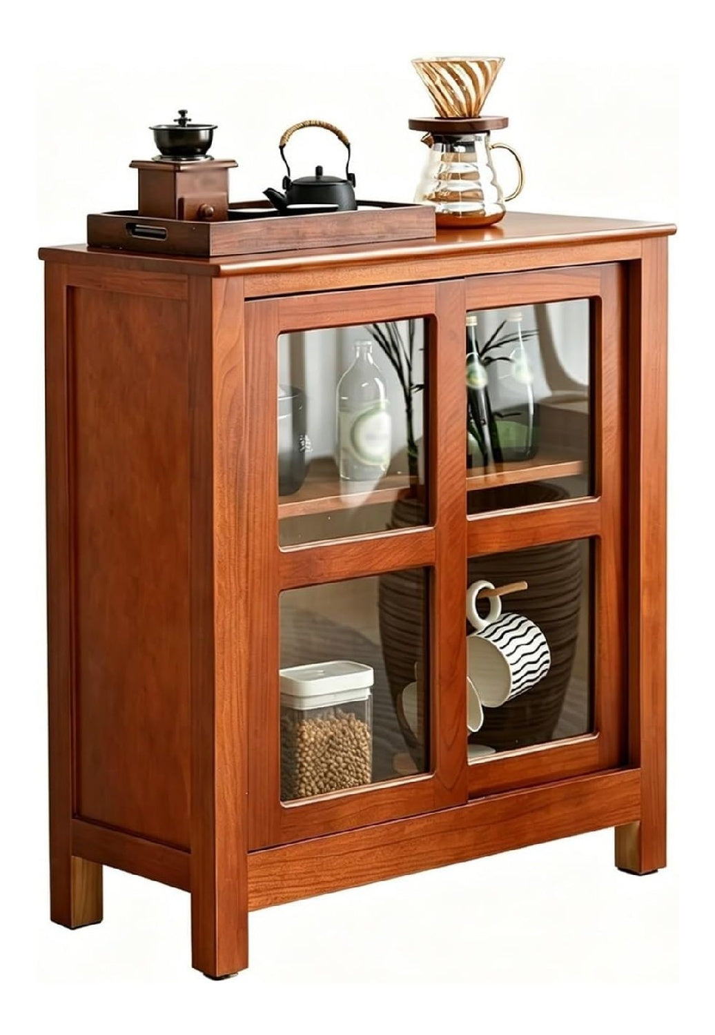 Buffet-Schrank aus Massivem Paulownia-Holz, Sideboard Kuche mit Glasschiebeturen, Massiven Holzfu en & Geraumiger Arbeitsflache fur Kuche und Wohnzimmer(Brown)
