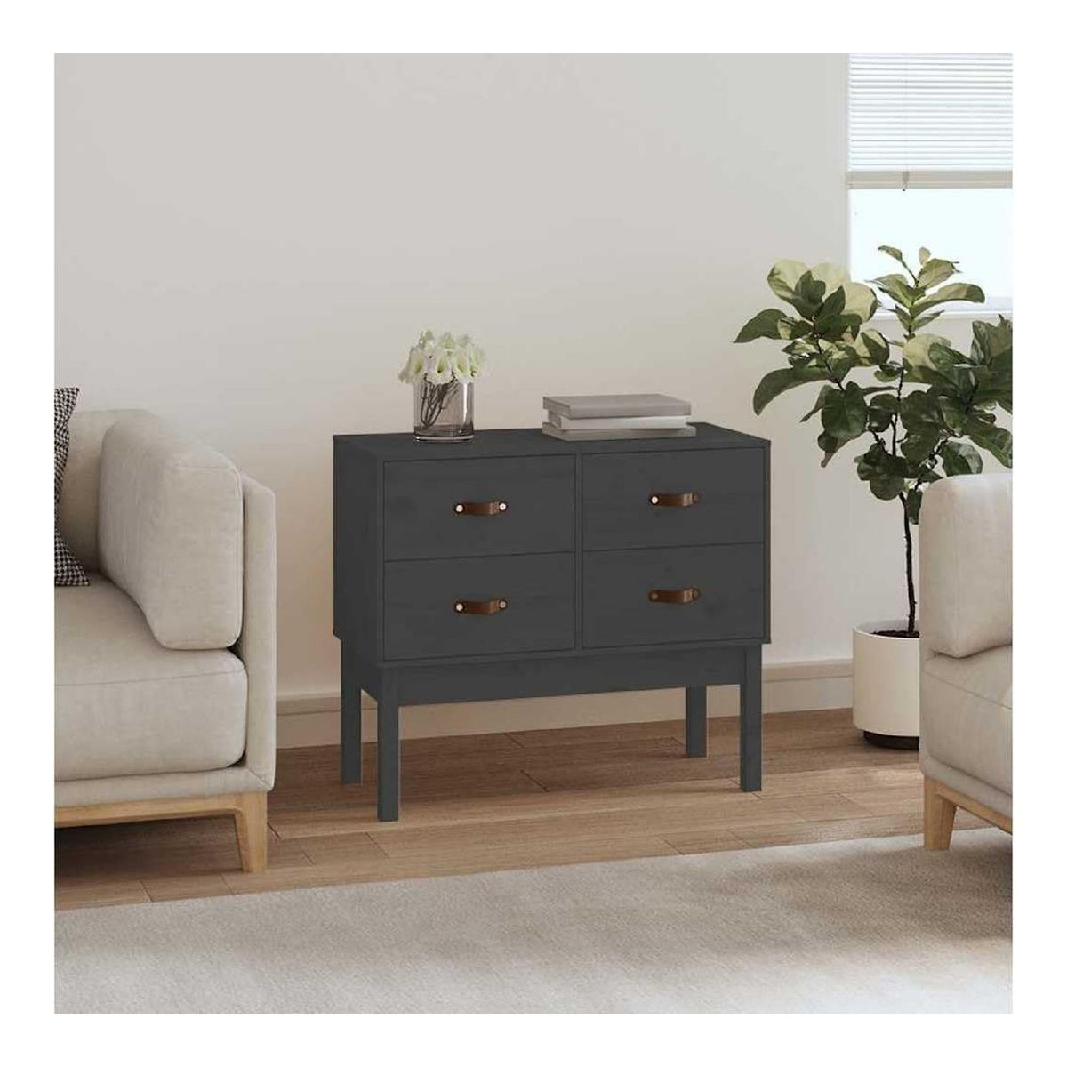 Konsolenschrank Grau 90x40x78 cm aus Massivholz Kiefer mit 4 Schubladen, Sideboard fur Wohnzimmer Schlafzimmer oder Buro, rustikaler Kommodenschrank, ideal fur Flur und Kuche