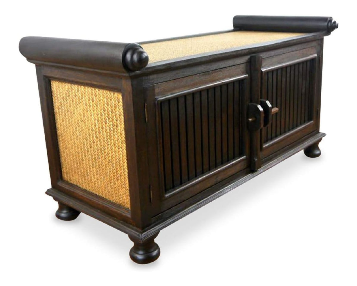 Asiatische Kommode aus Massivholz und Rattan - 95x40x50cm - Handgeschnitztes Sideboard aus Akazienholz, Kommode mit filigranem Design, Nachhaltig & hochwertig aus Thailand