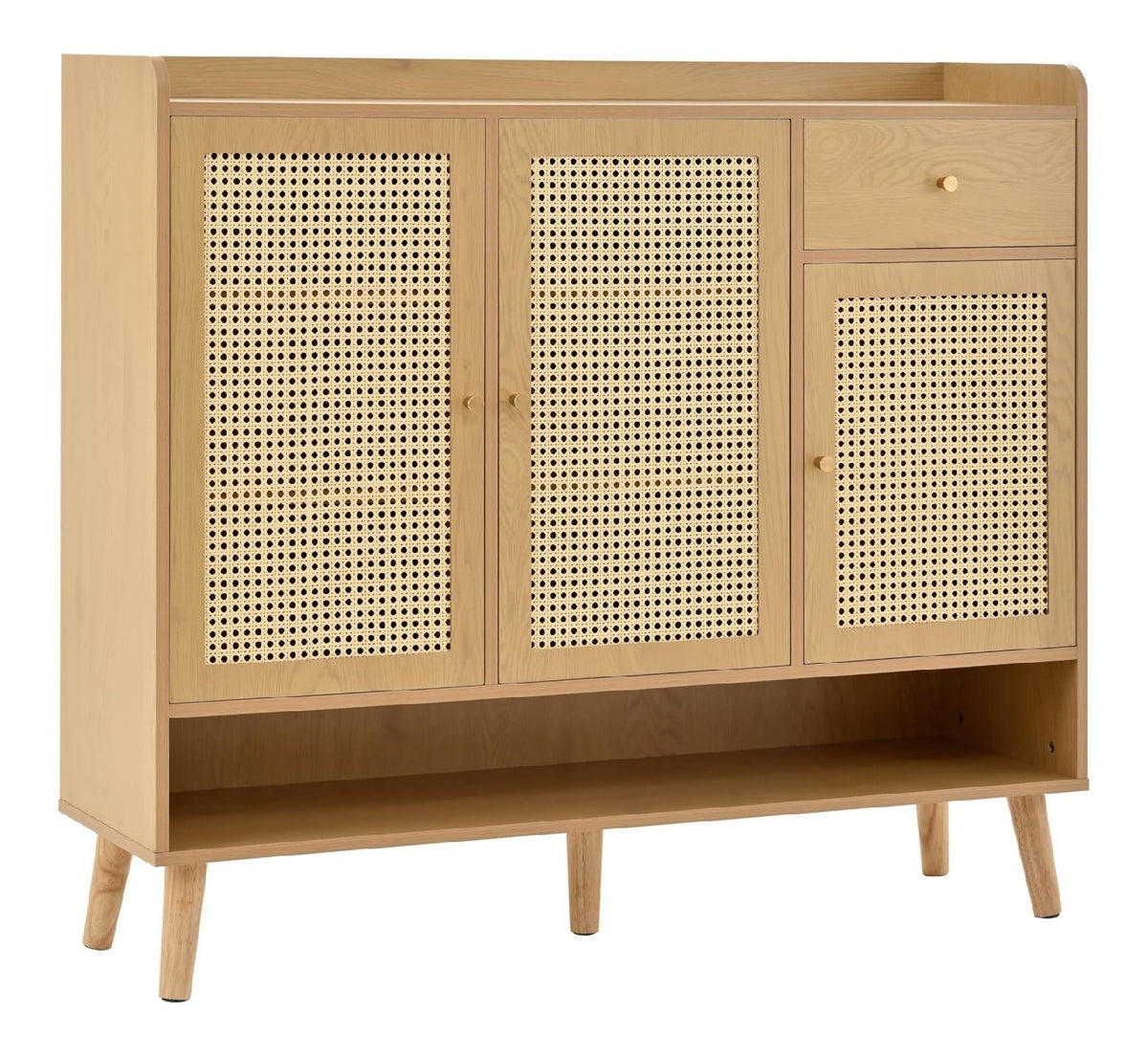 Rattan Sideboard Kommode mit 3 Rattanturen&1 Schublade, Sideboard Holz Kuchenschrank Buffet mit Metallgriffen, Natural/120x35x106cm