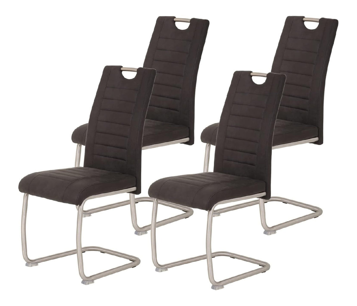 Tische, 4er Set Esszimmerstuhl Ulla, Bezug Microfaser Vintage-Optik Anthrazit, Metallgest. Rundrohr Edelstahl (echt)