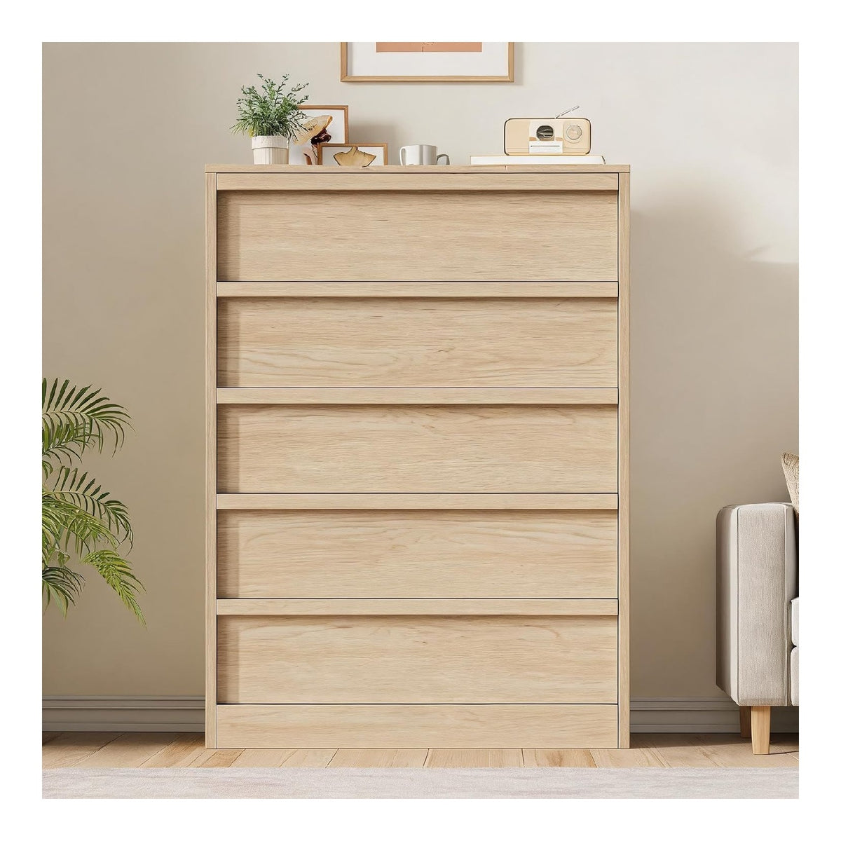 Kommode 5 Schubladen mit Holzgriffen fur Schlafzimmer, Naturholz