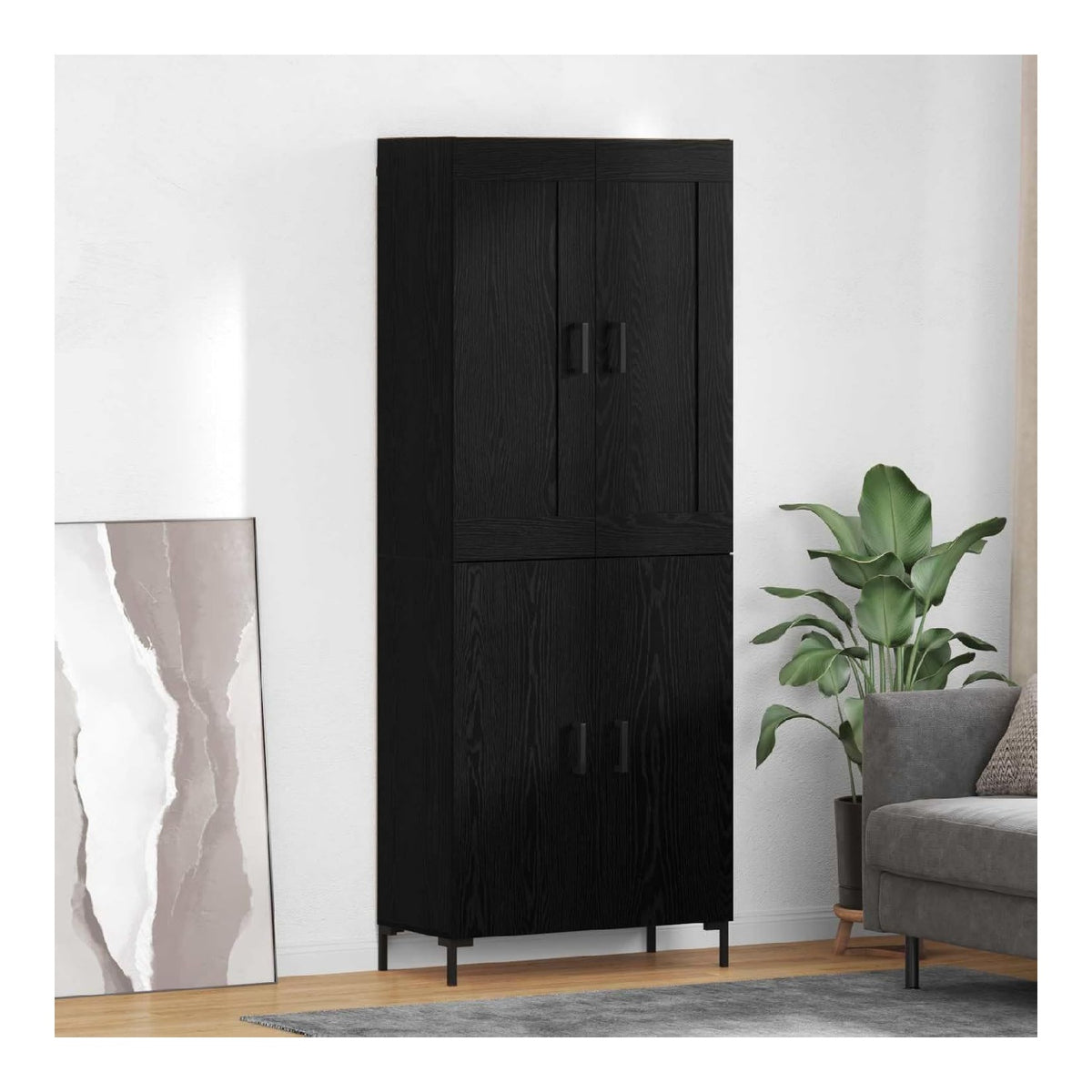 Highboard Schwarz Eichen-Optik Holzwerkstoff mit 4 Turen und Metallbeinen, modernes Sideboard und Buffet fur Wohnzimmer, Esszimmer, Buro, 69,5 x 34 x 180 cm, Stauraum, Regal, Ablage