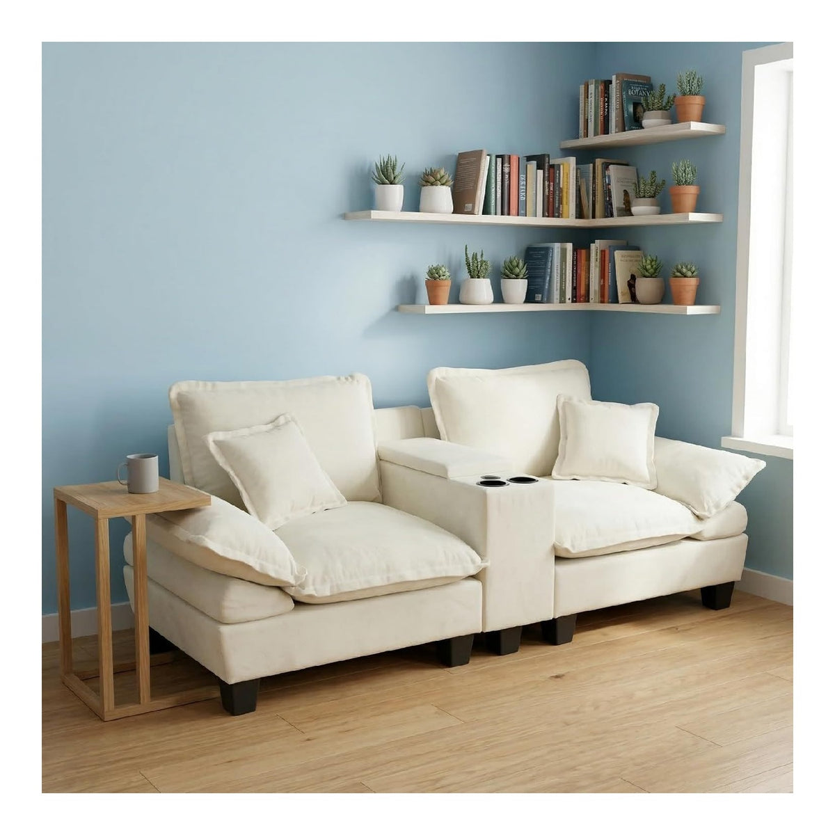 Modulare Cloud-Couch mit Stauraum & Getrankehaltern - Modernes Segelboot-Sofa aus Chenille, Komfortsofa mit 2 Kissen fur Wohnzimmer, Apartments & Kleine Raume, Beige