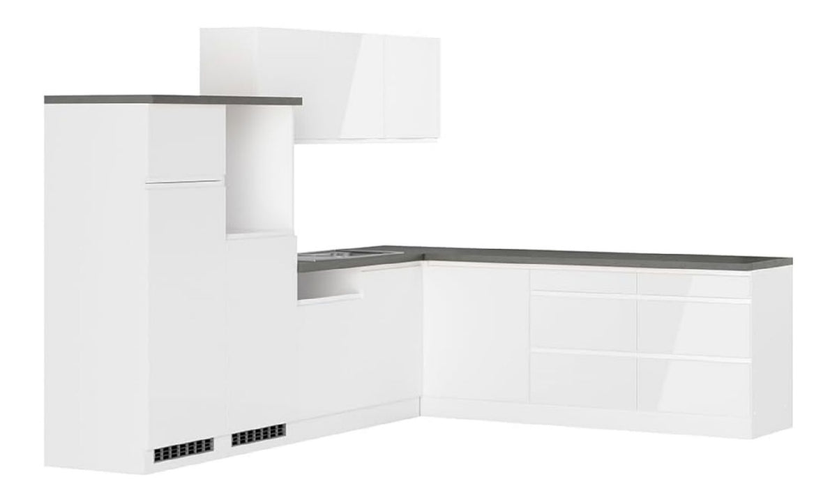 Kuche Kuchenzeile Winkelkuche 300/240cm in Hochglanz wei , Arbeitsplatte Betonoptik