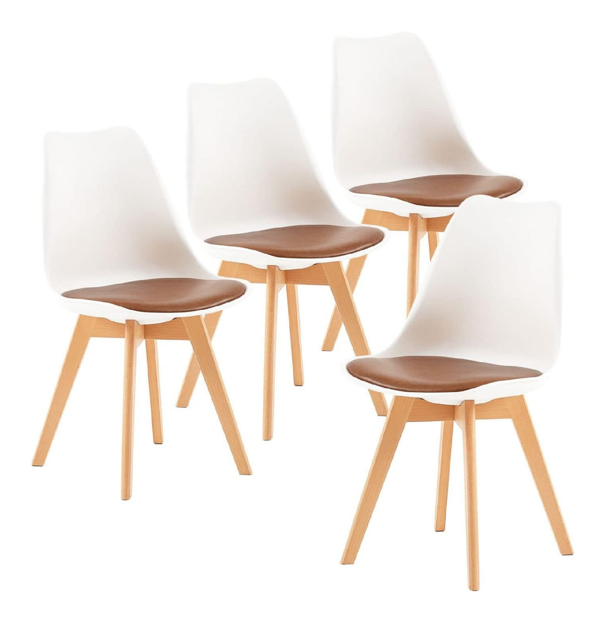 EGGREE 4er Set Esszimmerstuhle mit Massivholz-Buchenbeinen, SGS-gepruft Skandinavisches Design, gepolsterte Kuchenstuhle aus PU-Leder, Essstuhle, Wei & Braun