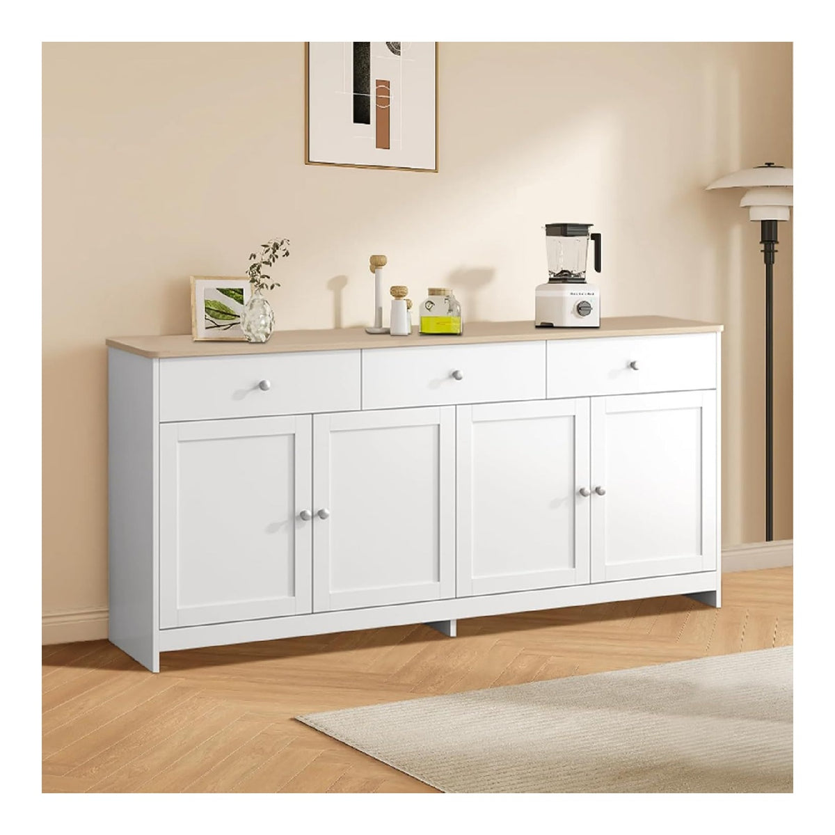 Kuchenschrank, Sideboard mit 3 Schubladen und 4 Turen, Buffetschrank mit Verstellbare Ablage, Kuchenkommode fur Wohnzimmer Kuche Esszimmer, Natur & Wei