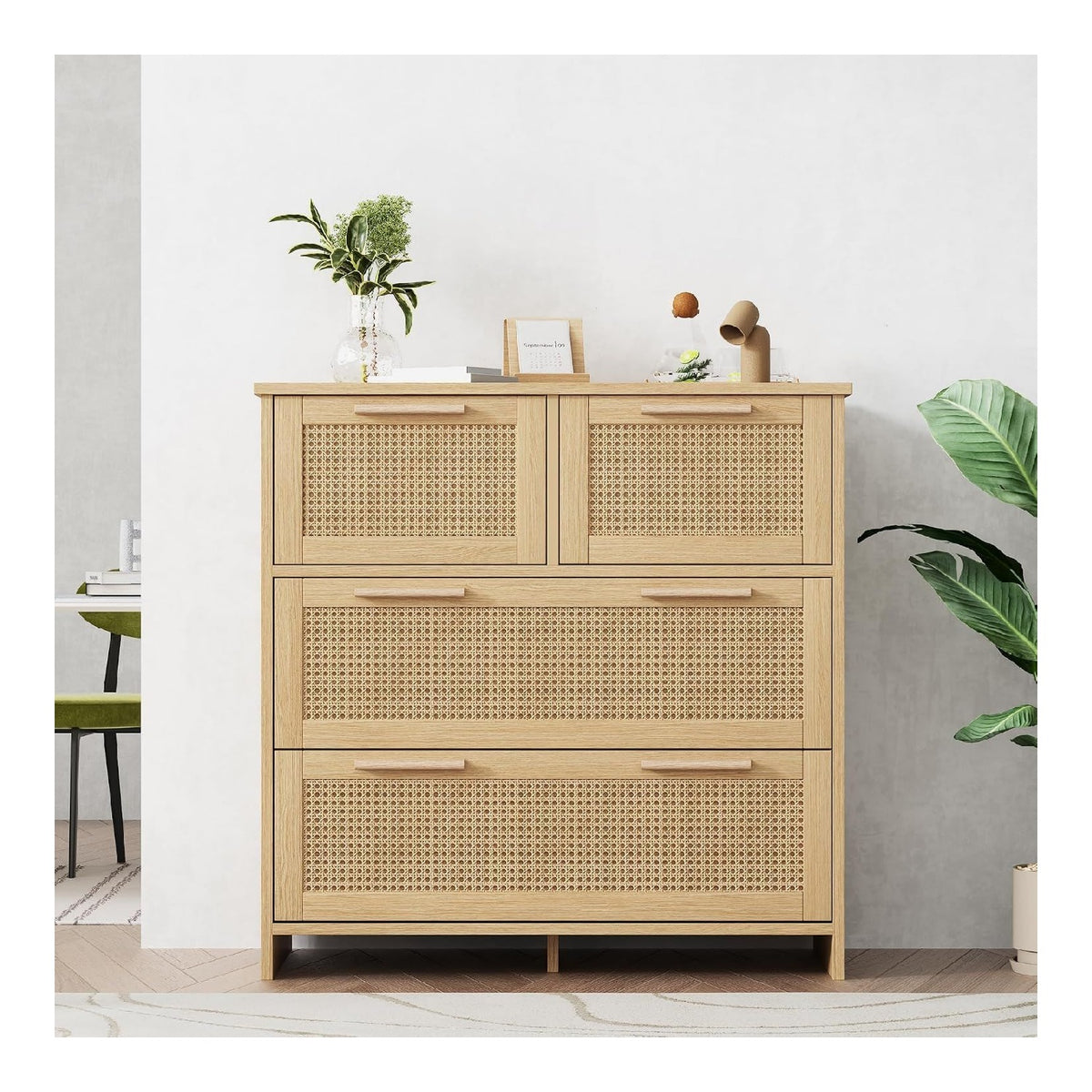 Kommode Sideboard Wohnzimmer Kuchenschrank Sideboard 4-Schubladen-Rattanschrank mit Massivholzgriffen schubladenschrank Natural