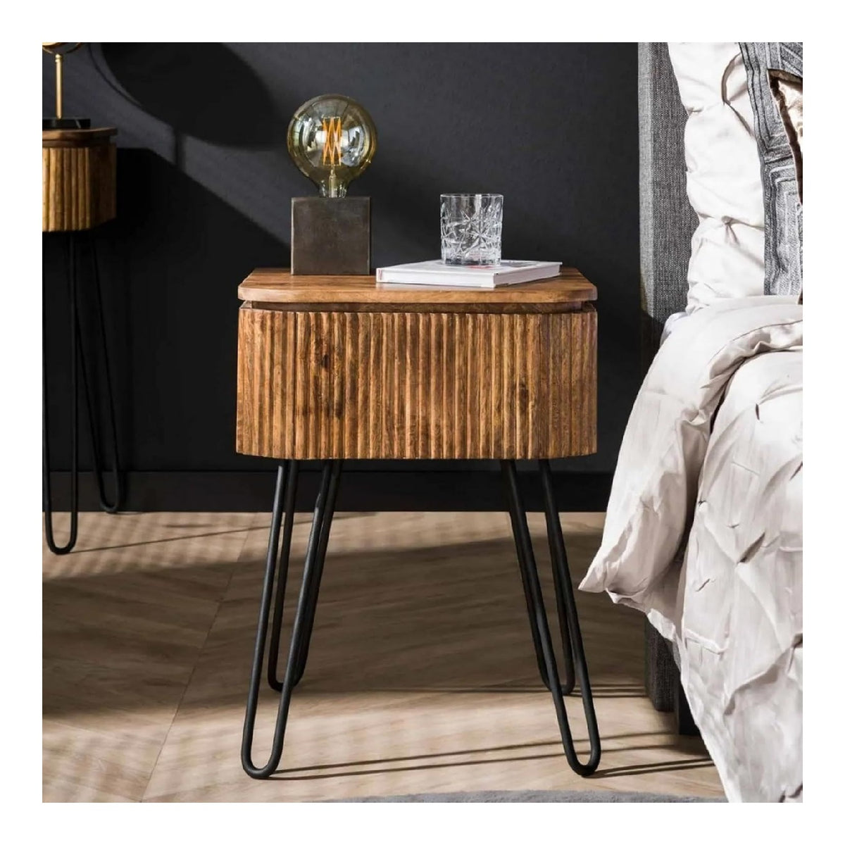 RINGO Living Massivholz Nachttisch mit Ablage & Schublade, Mangoholz Nachtschrank Vintage Style, Holz Metall Nachttisch