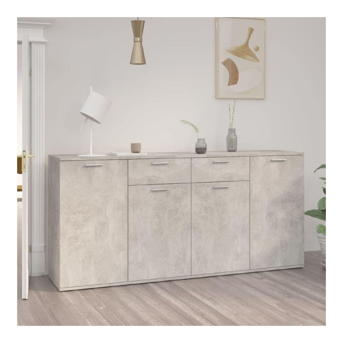 Sideboard, Kleiner Schrank mit 4 Turen und 2 Schubladen, Beistellschrank Flurschrank fur Esszimmer, Wohnzimmer, Kuche, Betongrau 160x36x75 cm Spanplatte