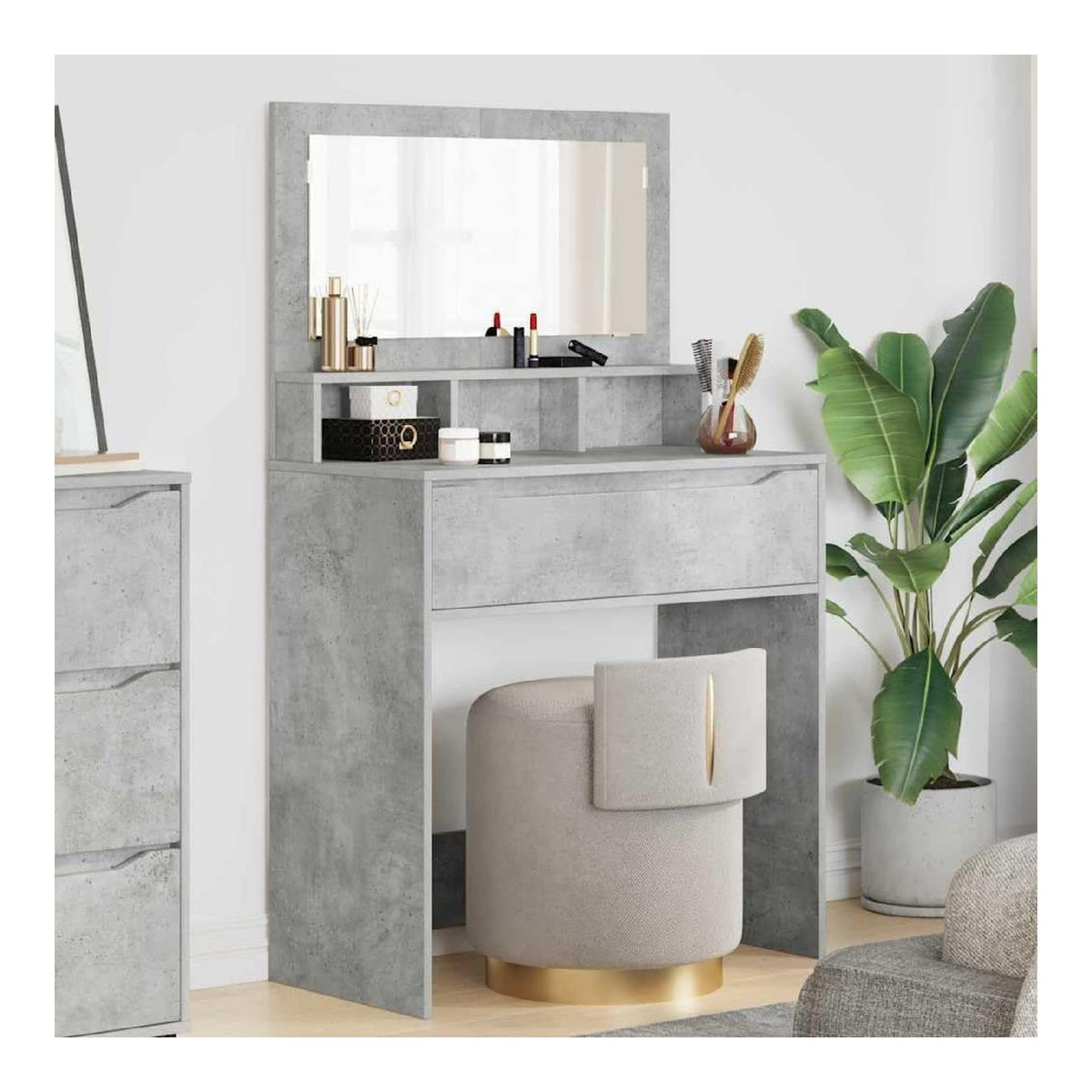 Schlafzimmer-Frisiertisch, Beton Grau, 80x39,5x135 cm, mit Schubladen und Spiegel, moderner Schminktisch fur Make-up Aufbewahrung