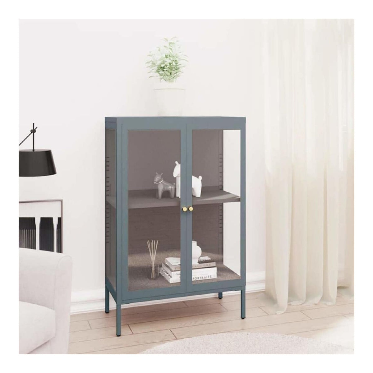 Sideboard Anthrazit 75x35x105 cm aus Stahl und Glas mit verstellbarem Regal und Fu en fur Wohnzimmer Flur und Esszimmer, robuster Beistellschrank mit viel Stauraum und moderner Optik