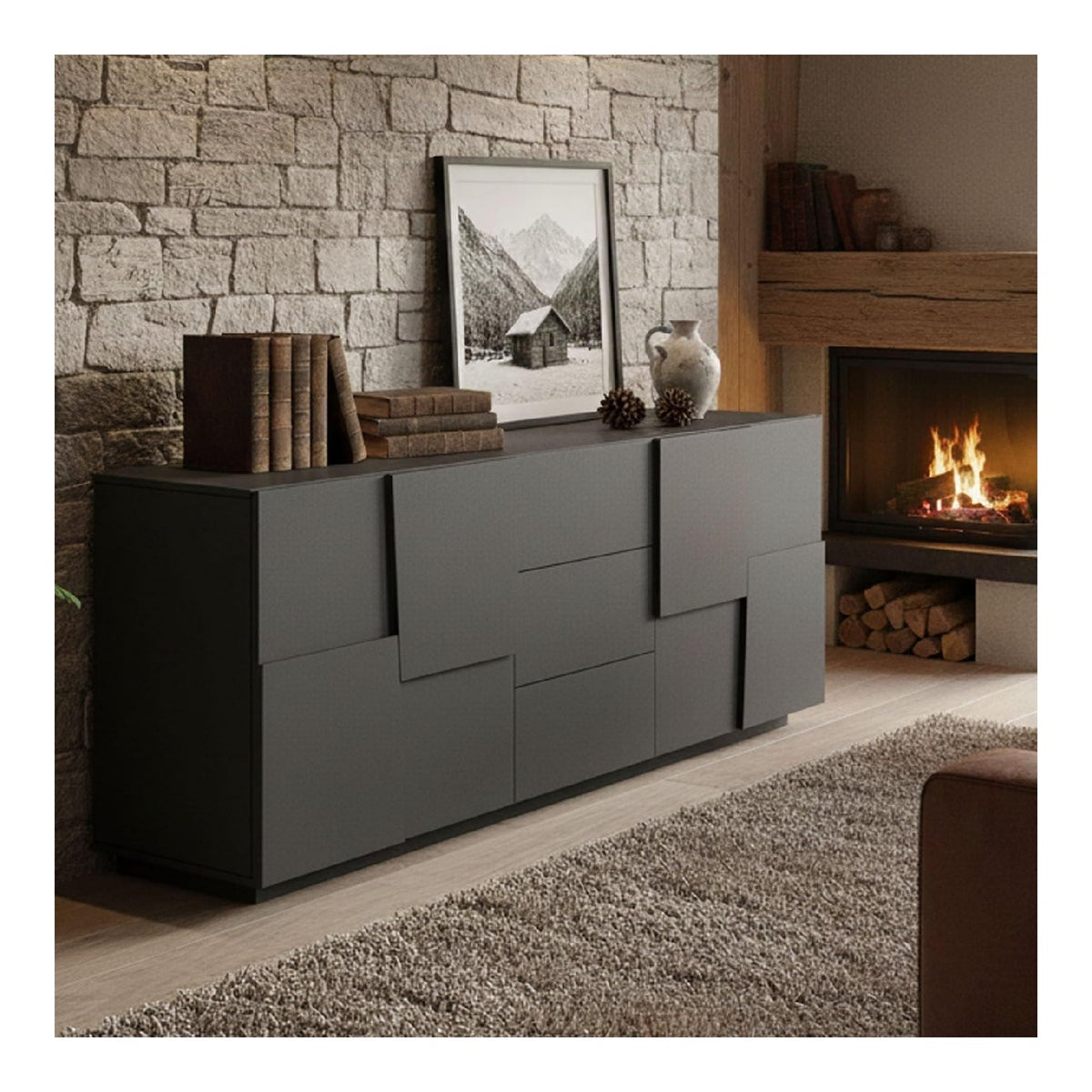 Kommode Yoel, Wohnzimmer-Buffet, Wohnzimmer-Kommode mit 4 Turen und 3 Schubladen, 220x44x86 cm, Anthrazit
