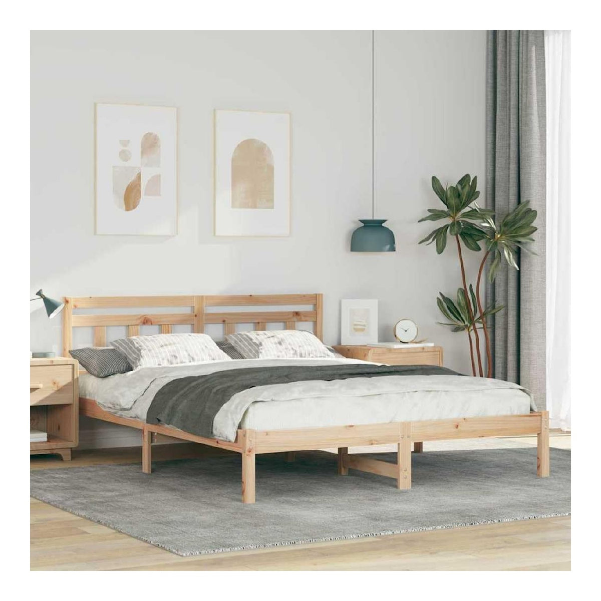 Braun Bettrahmen 150 x 200 cm aus massivem Kiefernholz, modernes Queen-Size-Bettgestell mit Kopfteil, Robustes Plattform-Lattenrost fur Matratzenunterstutzung, langlebiges Schlafzimmermobel