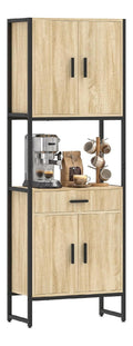Kuchenschrank 170 cm mit Mikrowellenfach, Kuchenbuffet im modernen Industrie-Design, 4 Soft-Close-Turen, freistehender Vorratsschrank, Naturholz
