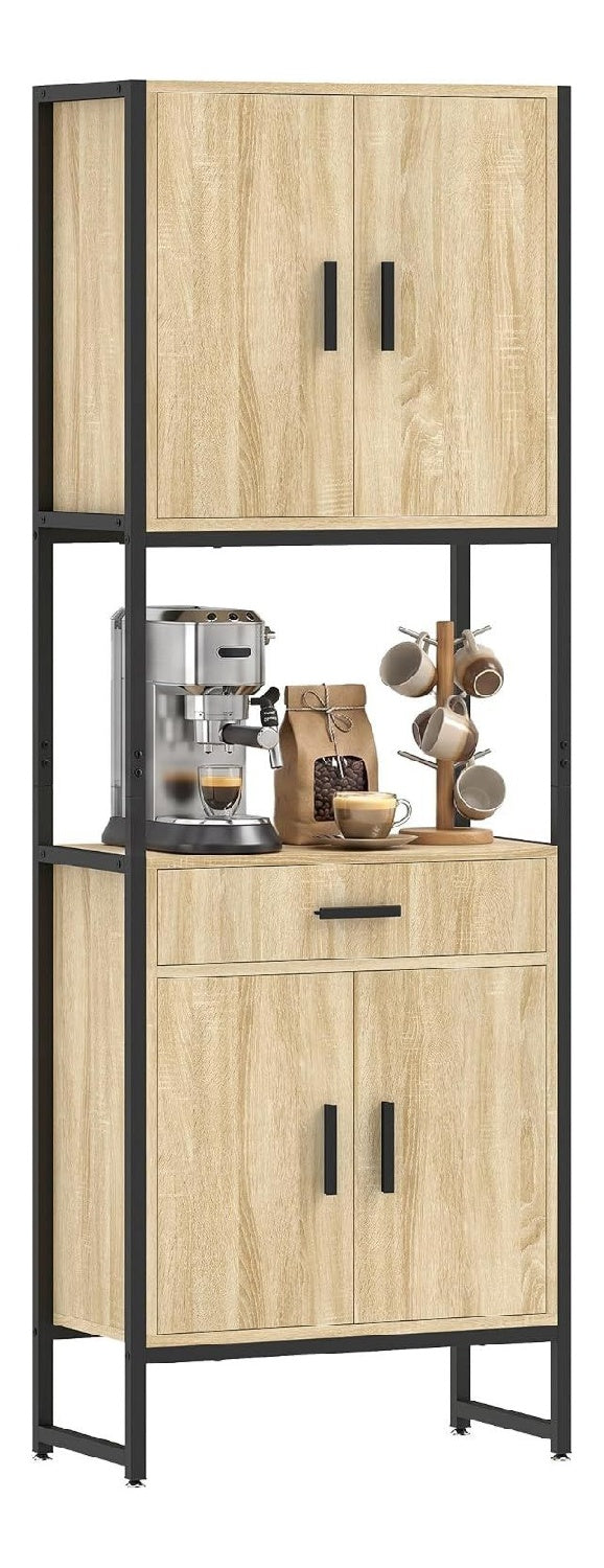 Kuchenschrank 170 cm mit Mikrowellenfach, Kuchenbuffet im modernen Industrie-Design, 4 Soft-Close-Turen, freistehender Vorratsschrank, Naturholz