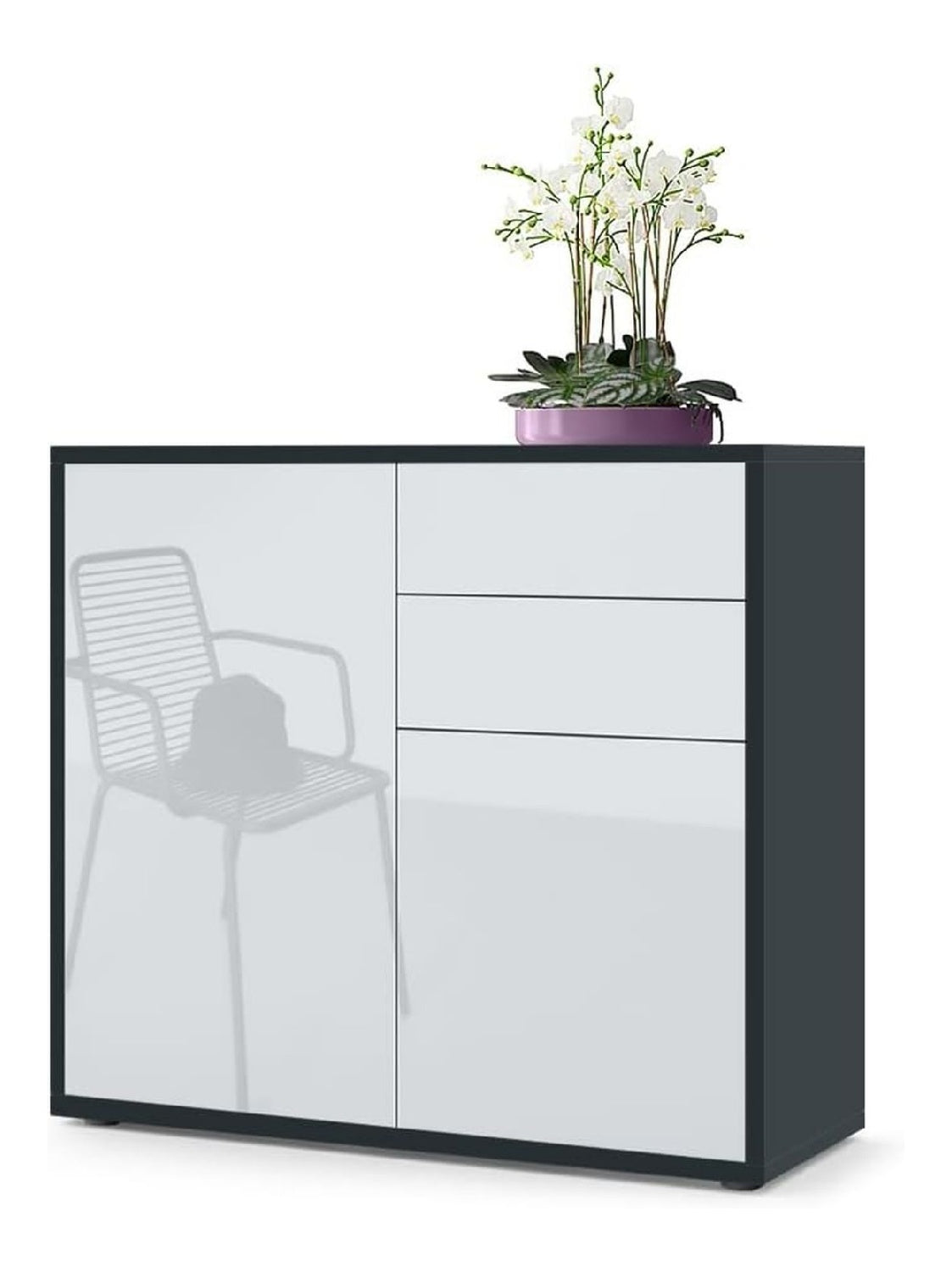 Sideboard Ben, Made in Germany, Kommode mit 2 Turen und 2 Schubladen, Schwarz matt/Wei Hochglanz (79 x 74 x 36 cm)