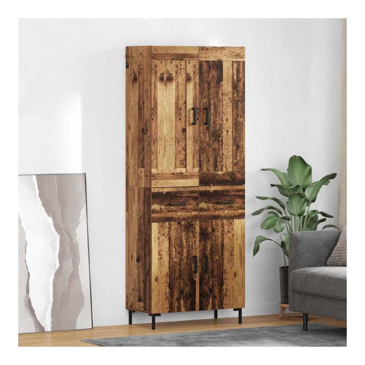 Highboard mit Schubladen und 4 Turen aus Altholz Holzwerkstoff 69,5 x 34 x 180 cm modernes Sideboard Buffet Cabinet fur Esszimmer und Wohnzimmer mit Stauraum