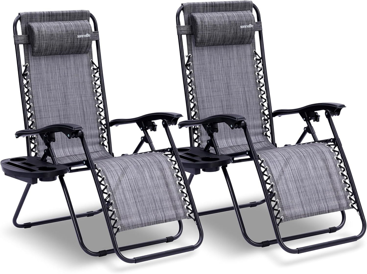 Hochwertige SereneLife Liegestuhl einfach zu verstauen Relaxliege 2er Set grau als Gartenmoebel zum Relaxen Sonnenstuhl geeignet f¨¹r Balkon Terrasse Camping ausgestattet mit Seitentisch Kopfkissen Getraenkehalter Variante 495