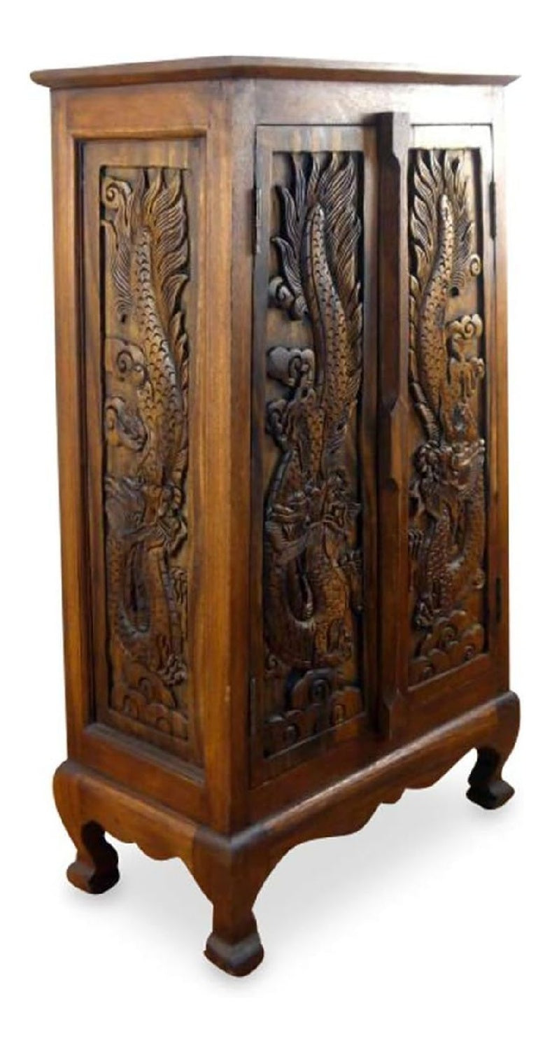Asiatischer Schrank aus Massivholz - 33x57x100cm - Handgeschnitztes Highboard aus Akazienholz, Kommode mit Einzigartigem Design, Nachhaltig & hochwertig
