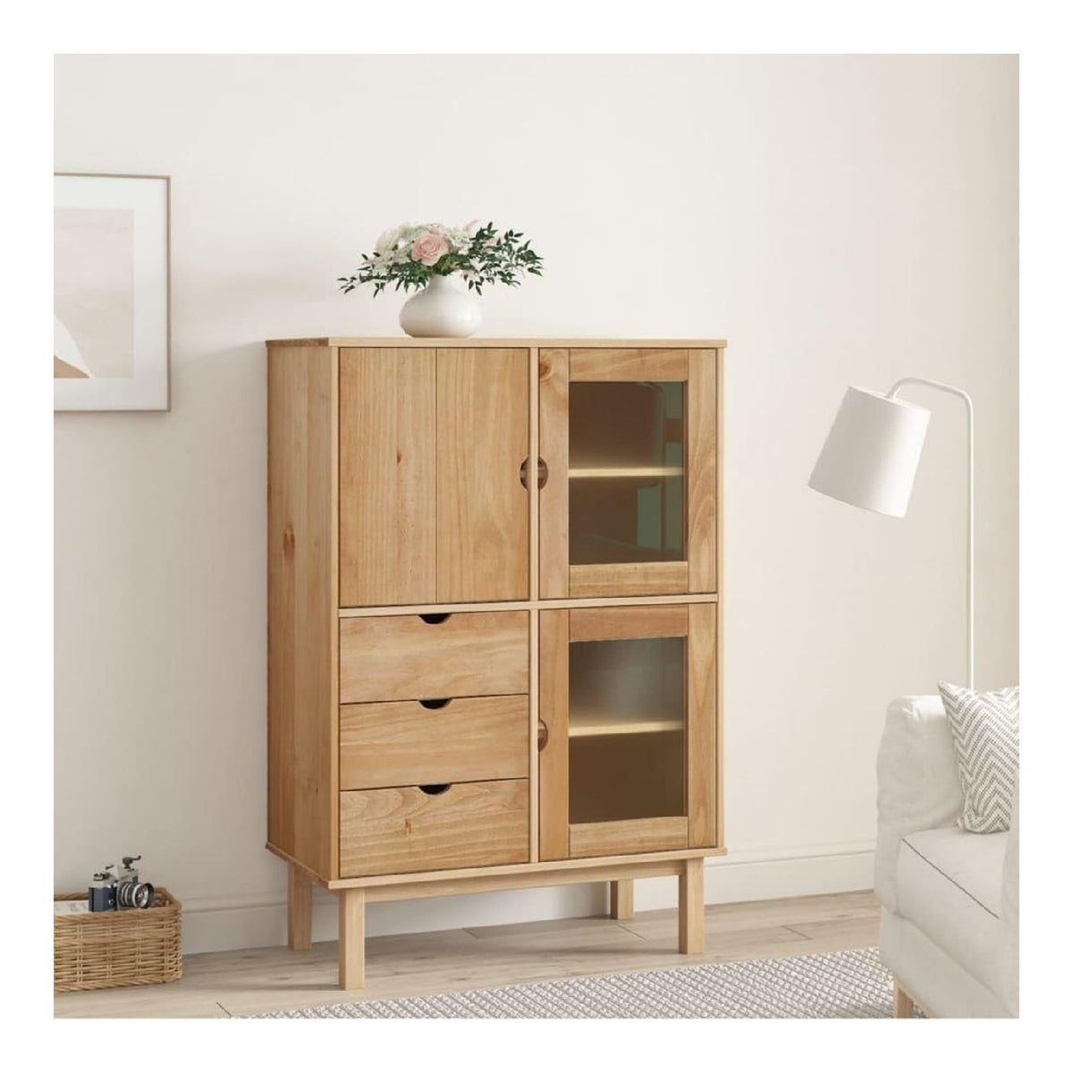 OTTA Highboard aus massivem Kiefernholz 85 x 43 x 125 cm mit 3 Schubladen, 3 Turen und Fachern, Sideboard Anrichte Kommode fur Wohnzimmer Esszimmer Flur Aufbewahrung Stauraum