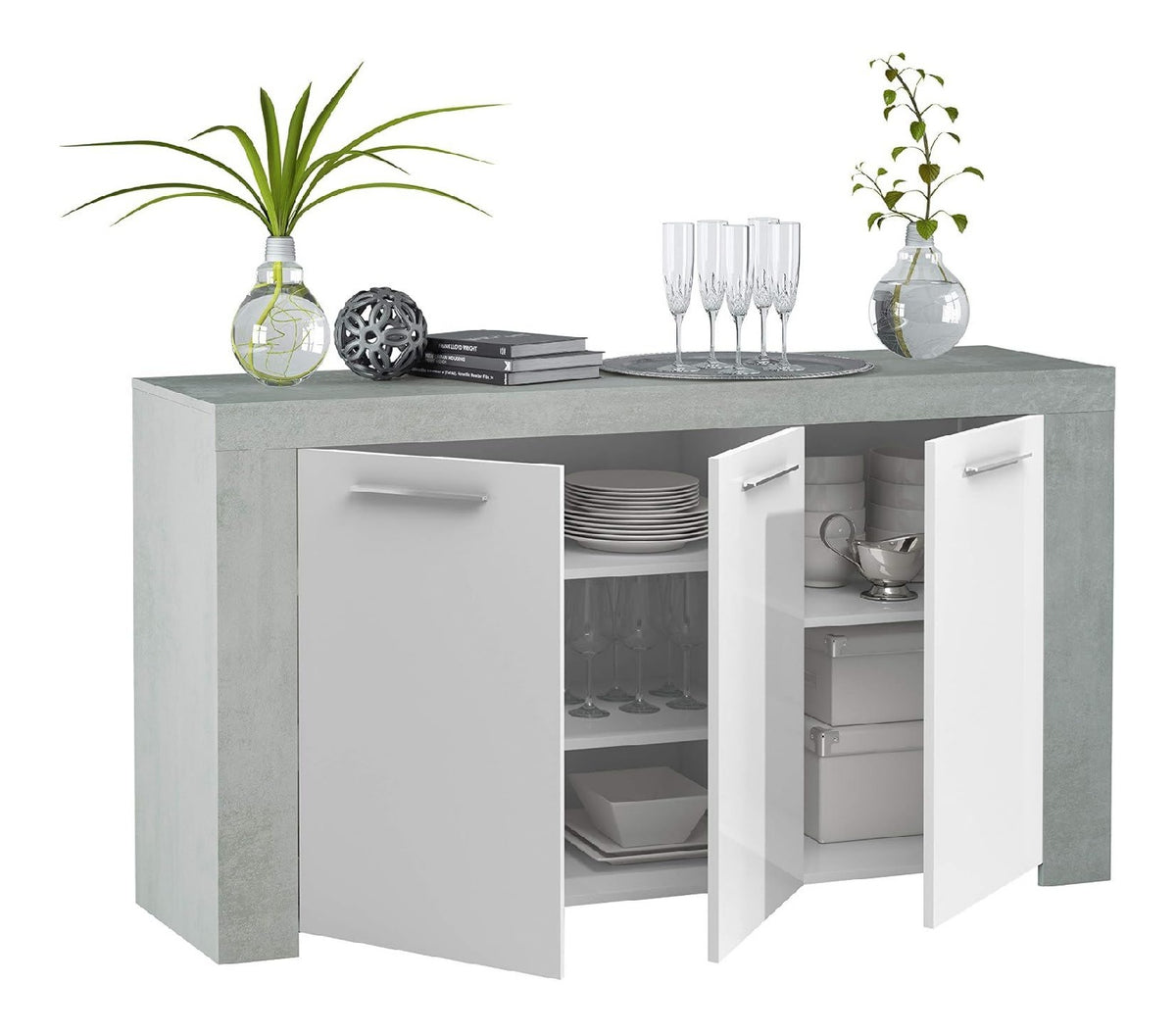 Sideboard mit DREI Flugelturen und DREI Innenregalen, Betonfarbe mit kunstwei en Turen, Ma e 144 x 80 x 42 cm
