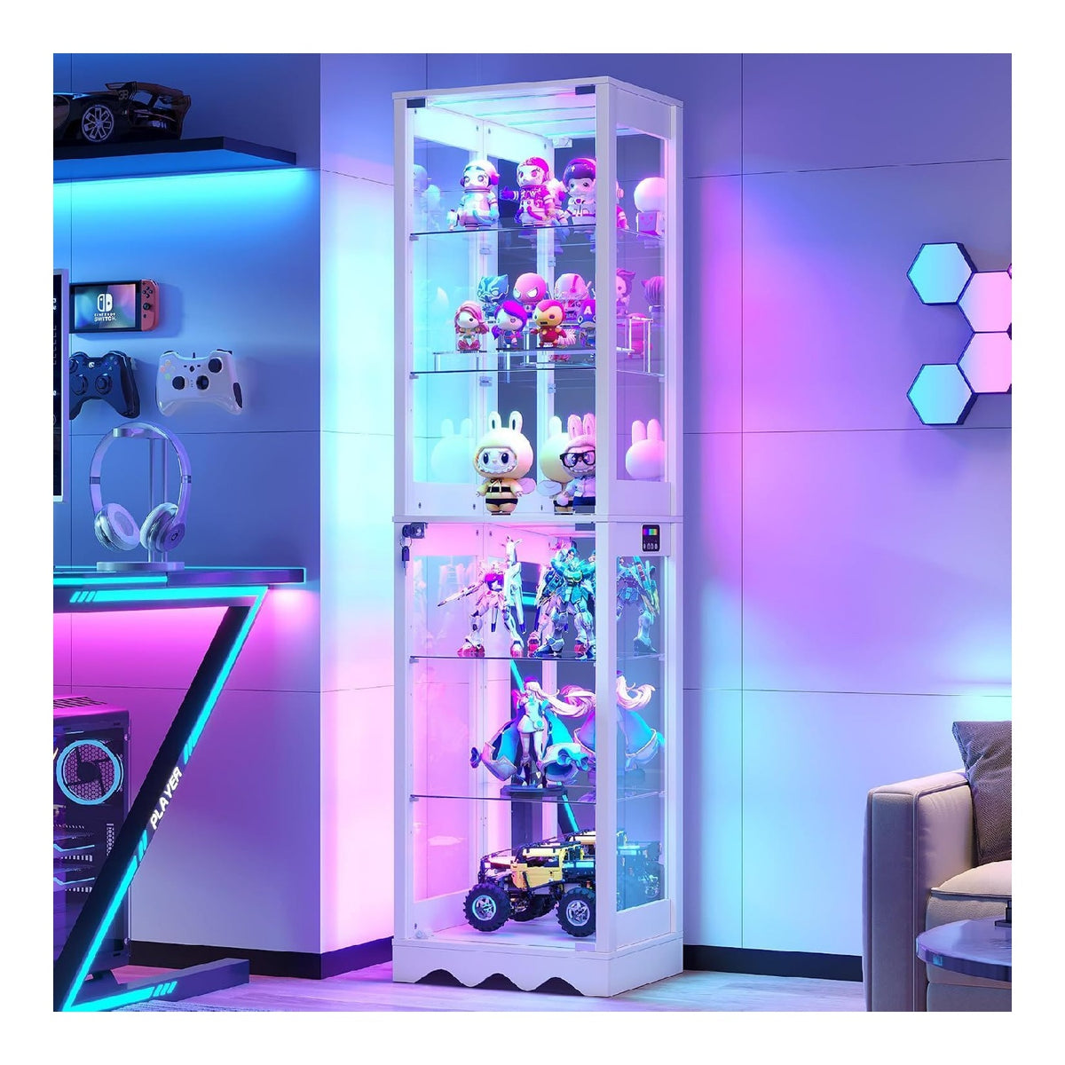 Dystler Vitrine mit Glasturen - 6 Etagen Curio Schrank mit RGB-Lichtern fur Sammlerstucke, LED-Glasvitrine mit verstellbaren Regalen, Wei