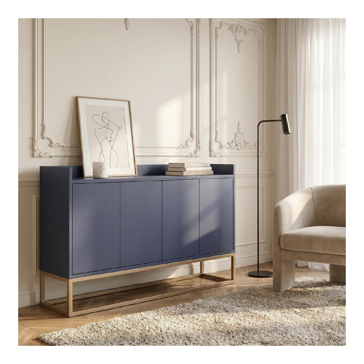 Moderner Sideboard Kommode mit 4 Turen und Verstellbare Einlegeboden, Aufbewahrungsschrank Buffetschrank Beistellschrank, Mehrzweckschrank fur Kuche, Esszimmer und Wohnzimmer (Blau)