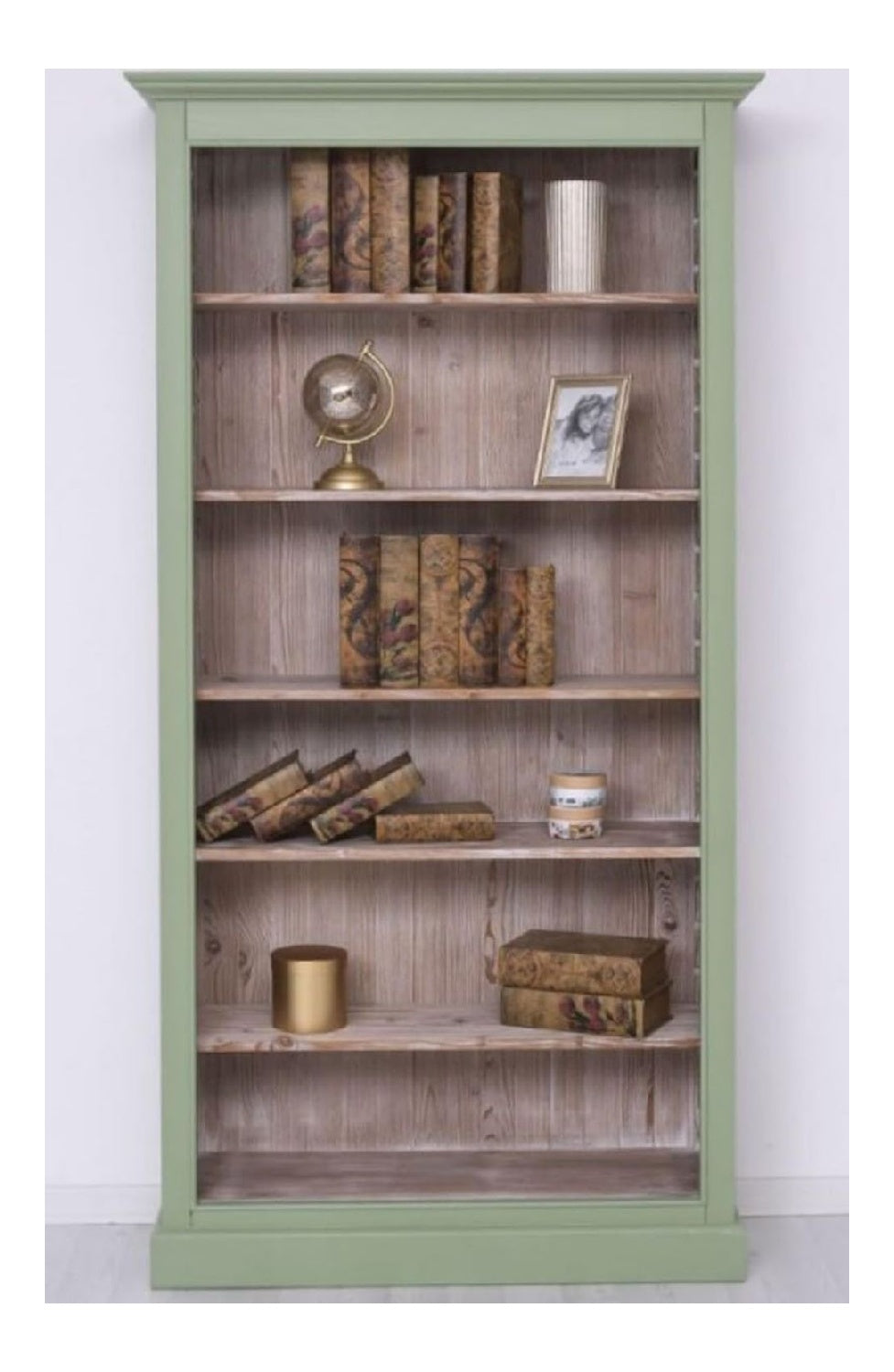 Landhausstil Bucherschrank Grun/Naturfarben 110 x 39 x H. 210 cm - Massivholz Schrank - Regalschrank - Wohnzimmerschrank - Buroschrank - Landhausstil Mobel