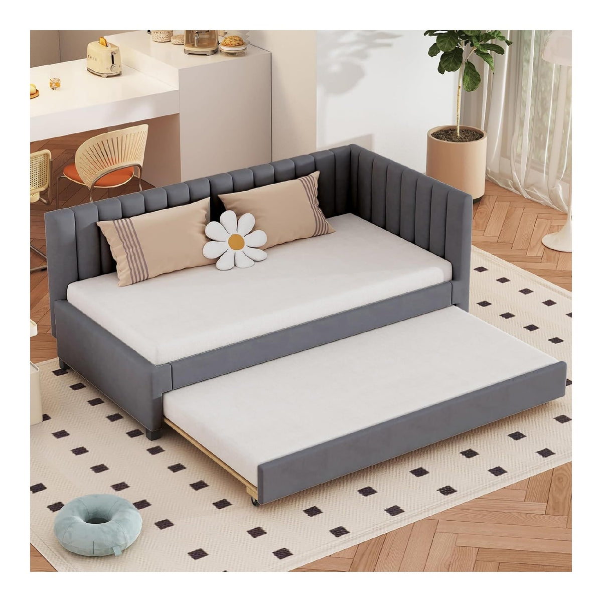 Schlafcouch 90 x 200 cm mit Ausziehbett, Multifonctionnel Couch Bett mit Lattenrost, Samtstoff, Grau (Ohne Matratze)