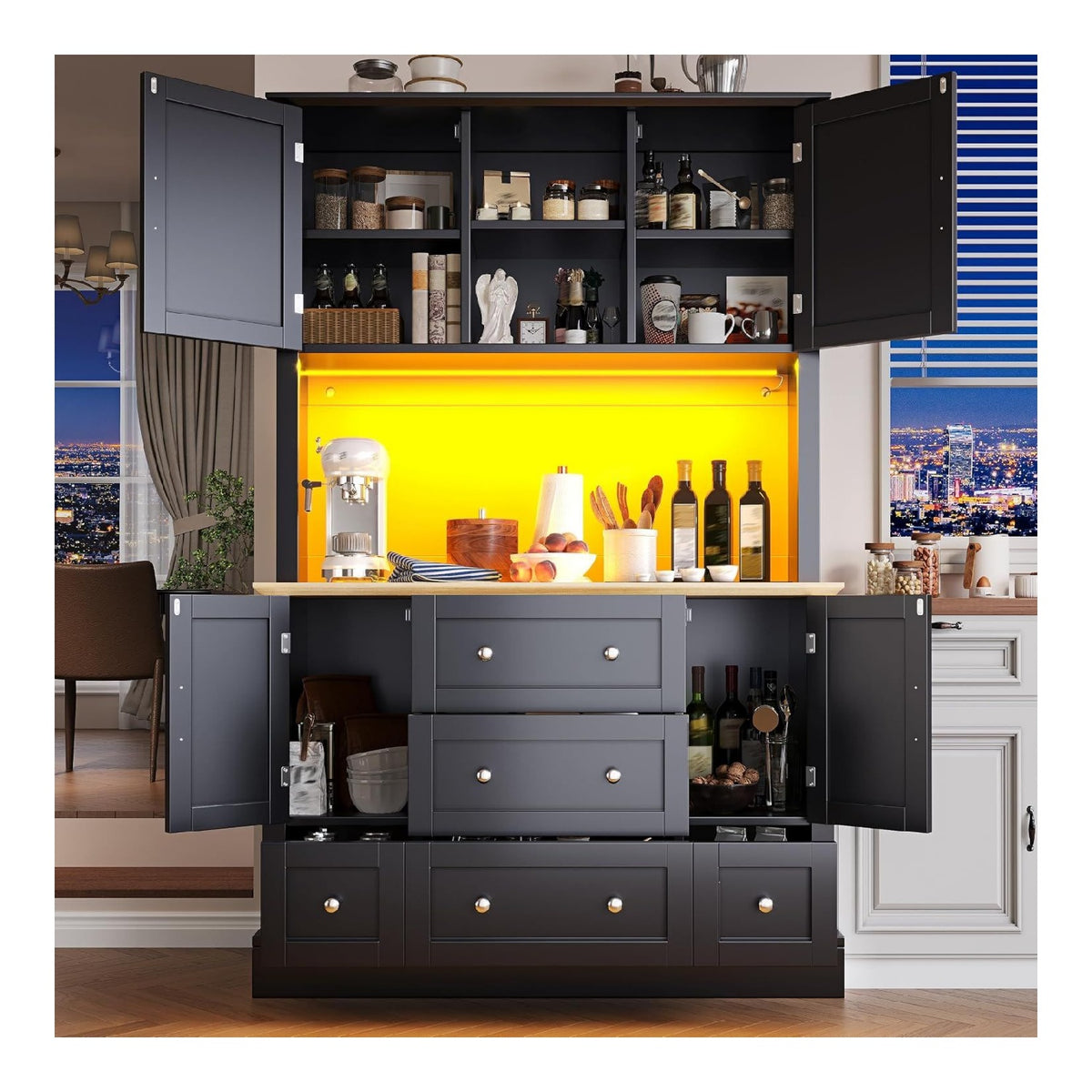 Hochwertiger Hochschrank mit App-Steuerung, 115 x 40 x 180cm, Wohnzimmerschrank mit 4 Turen & 3 Schubladen, Kuchenvitrine mit Musik-Lichtfunktion & Kippschutz, Schwar