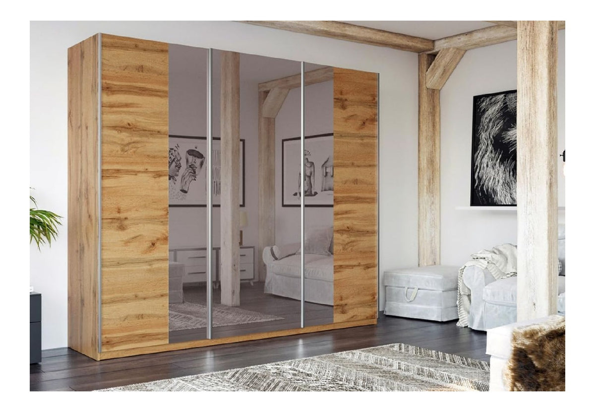 Praga Eiche Wotan Schiebeturen Kleiderschrank 250x210x65 cm mit Spiegel - Schlafzimmermobel, Aufbewahrung - Mehrzweckschrank mit 4 Kleiderstangen