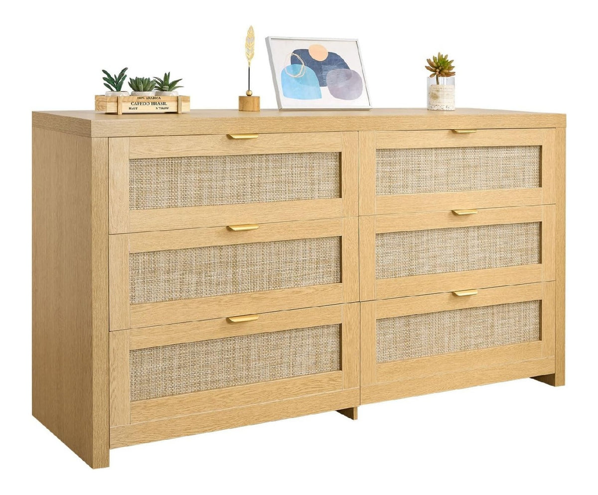 Rattankommode Aufbewahrungsschrank mit 6 Schubladen & Metallgriffen, moderner Rattanschrank fur Schlafzimmer Wohnzimmer Flur (144,5 x 45 x 79,5 cm) Kleidungsschrank Schubladenschrank