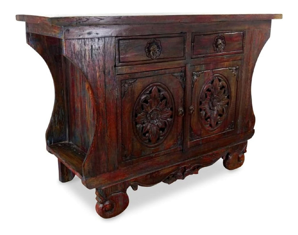 Asiatisches Sideboard aus Massivholz - 120x45x80cm - Handgeschnitzte Anrichte, recyceltes Teak Holz, Robust und Elegant (Braun)