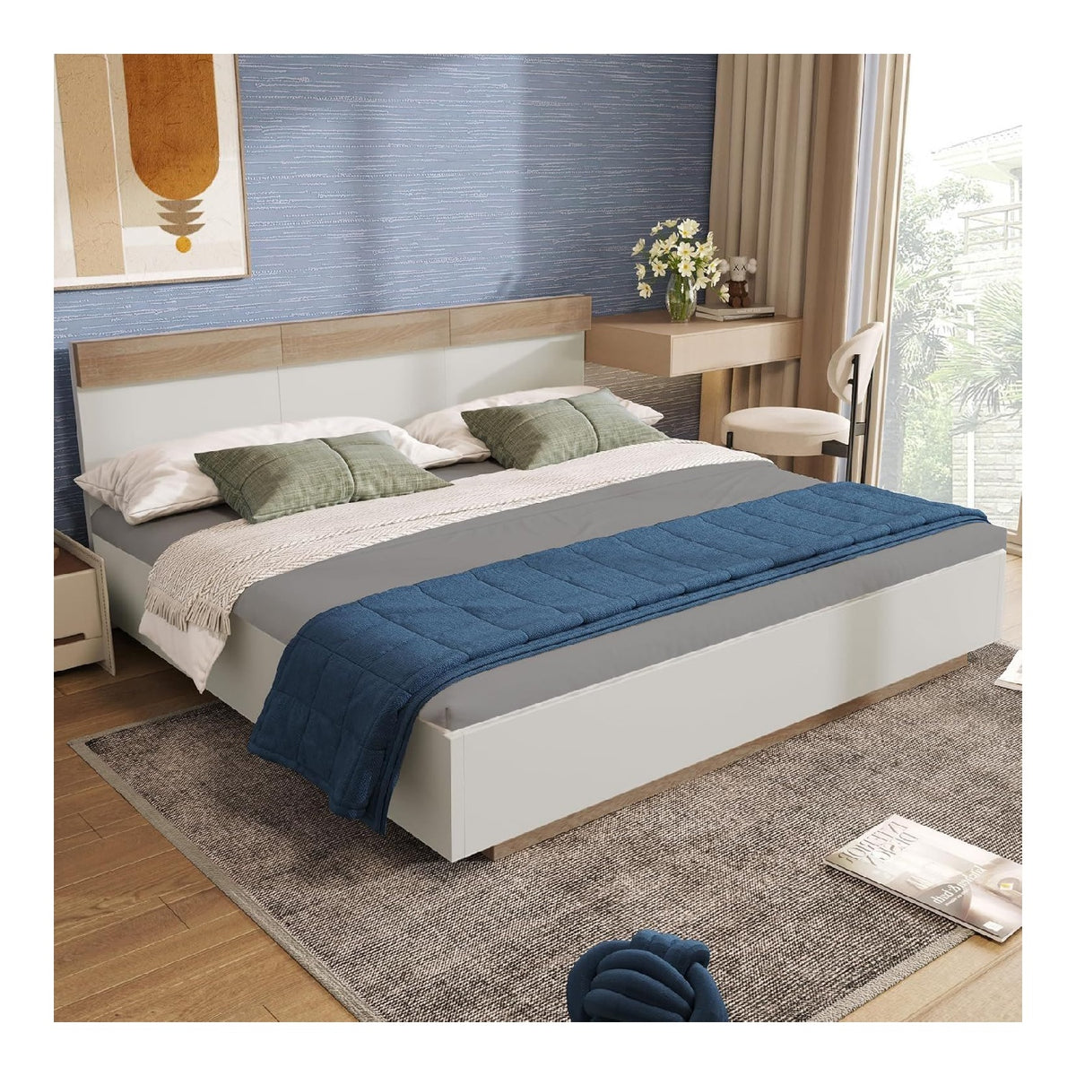 Holzbett Doppelbett, Bettrahmen aus Holz mit Kopfteil und Lattenrost, 180 x 200 cm, Modern Schwebebett, Futonbett, Bett fur Erwachsene & Jugend, Schlafzimmermobel, Wei & Eiche Sonoma