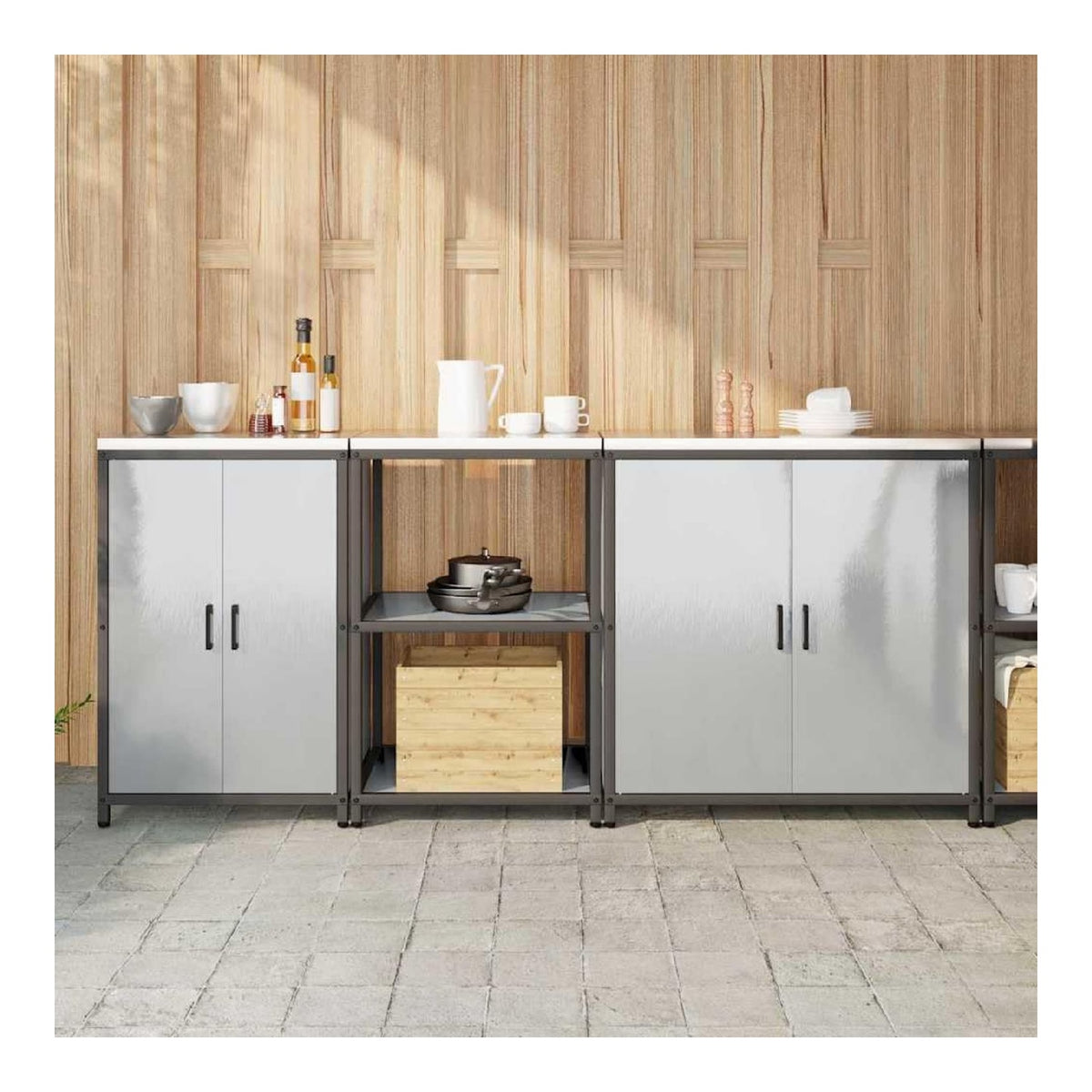 Aufbewahrungsset fur die Kuche HATTEM 3 Stuck Edelstahl Silber mit 4 Turen, 6 Regalen, vielseitigem Stauraum fur Geschirr, Vorrate, Mikrowelle, Buffet, Hochschrank und Sideboard