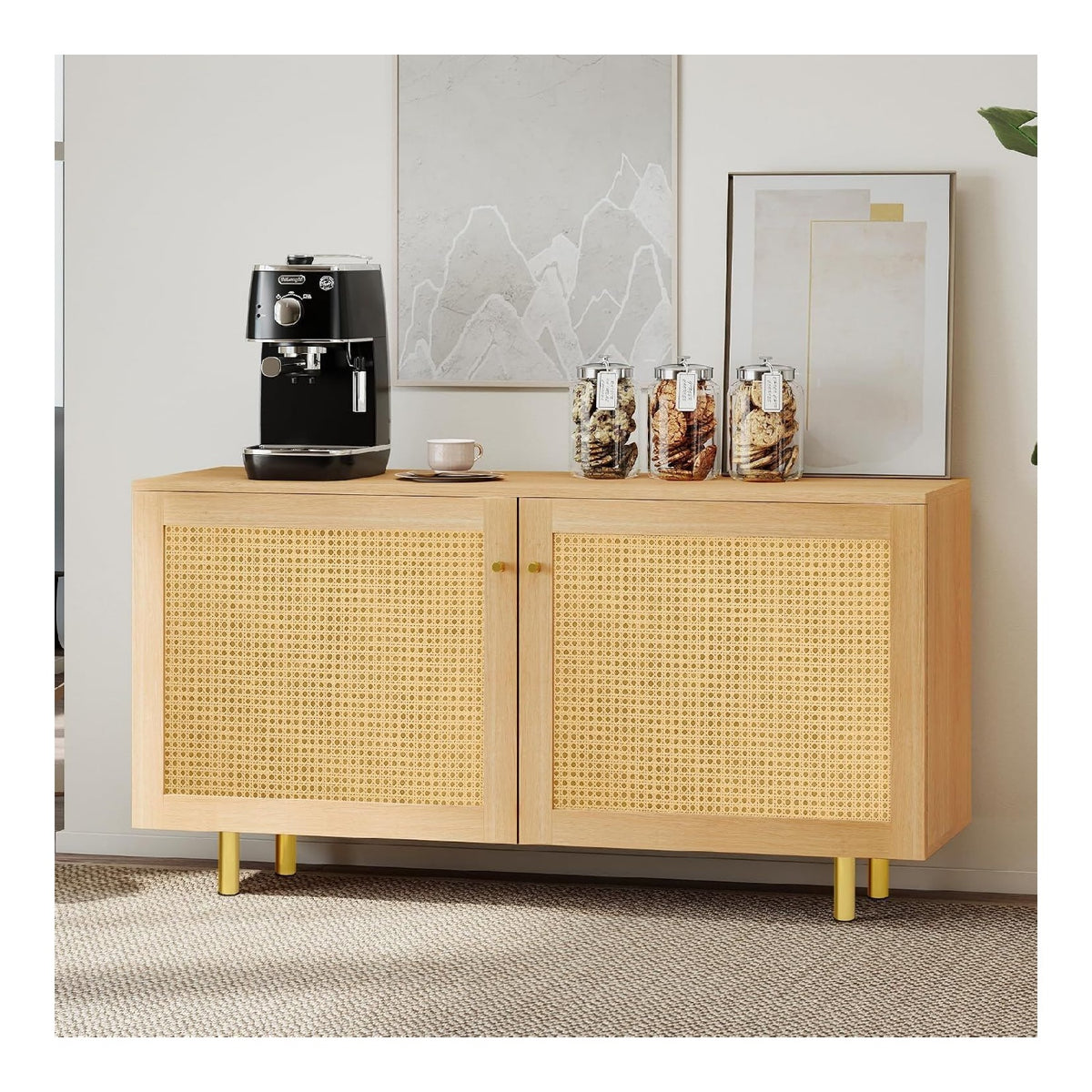 IANIYA Sideboard aus Korbgeflecht Doppelturig mit Naturholzoptik, Rustikales Esszimmerschrank mit Goldenen Metallbeinen, Praktischer Aufbewahrungsschrank fur Wohnzimmer Schlafzimmer Flur