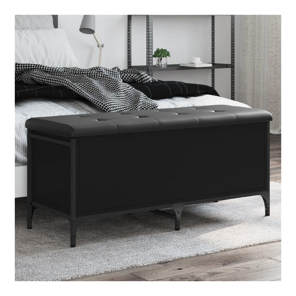 Sitzbank mit Stauraum 102x42x45 cm Holzwerkstoff Metall Kunstleder Schwarz Schlafzimmermobel Schuhschrank Hocker Eingangsbereich Eingangbank Wohnzimmermobel Truhenbank Aufbewahrungsbank