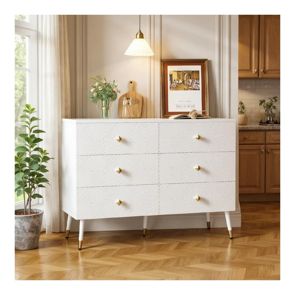 Wei er Midi- & Hochschrank mit Geometrischem Design, Moderne Wohnmobel, Platzsparende Aufbewahrungslosung mit Sechs Schubladen, MDF und Spanplatte, Hochwertige Verarbeitungsqualitat